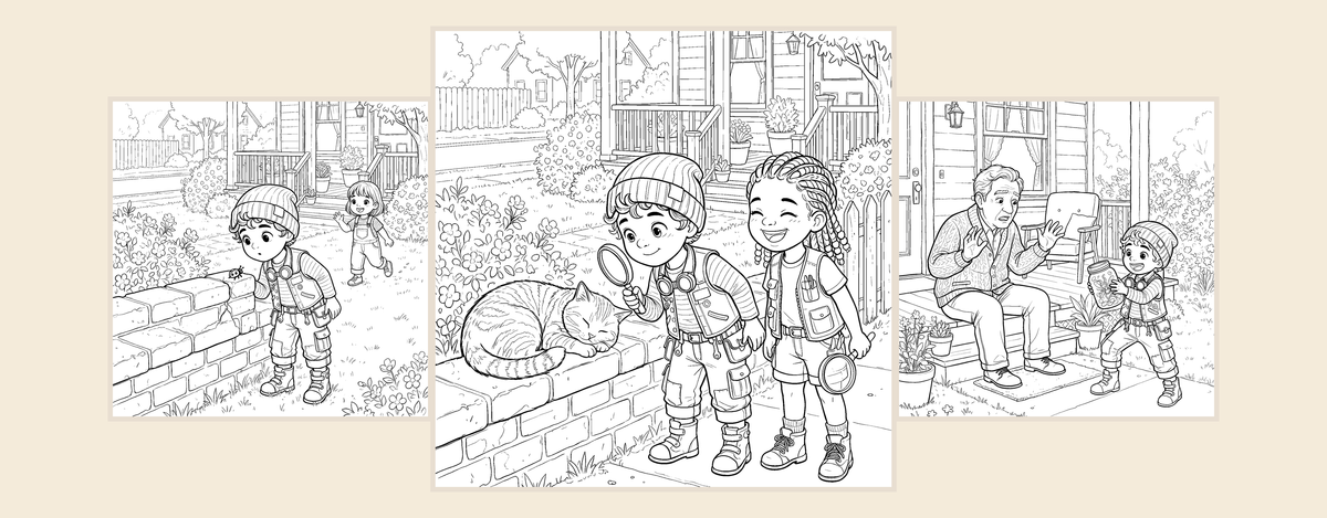 Kit coloring pages from Kit Sees a Puzzle, a STEM picture book for toddlers and preschoolers
