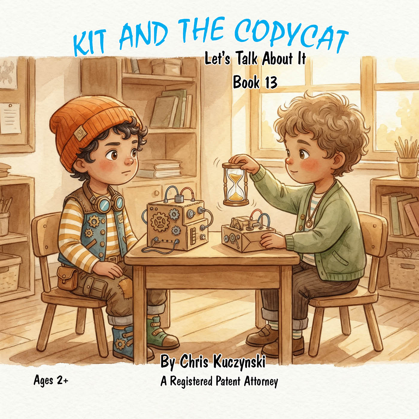Illustration of two children at a table with a sand timer, bookshelf in the background, and text about the book 'Kit and the Copycat'. Kit And The Copycat: Let's Talk About It (Book 13)