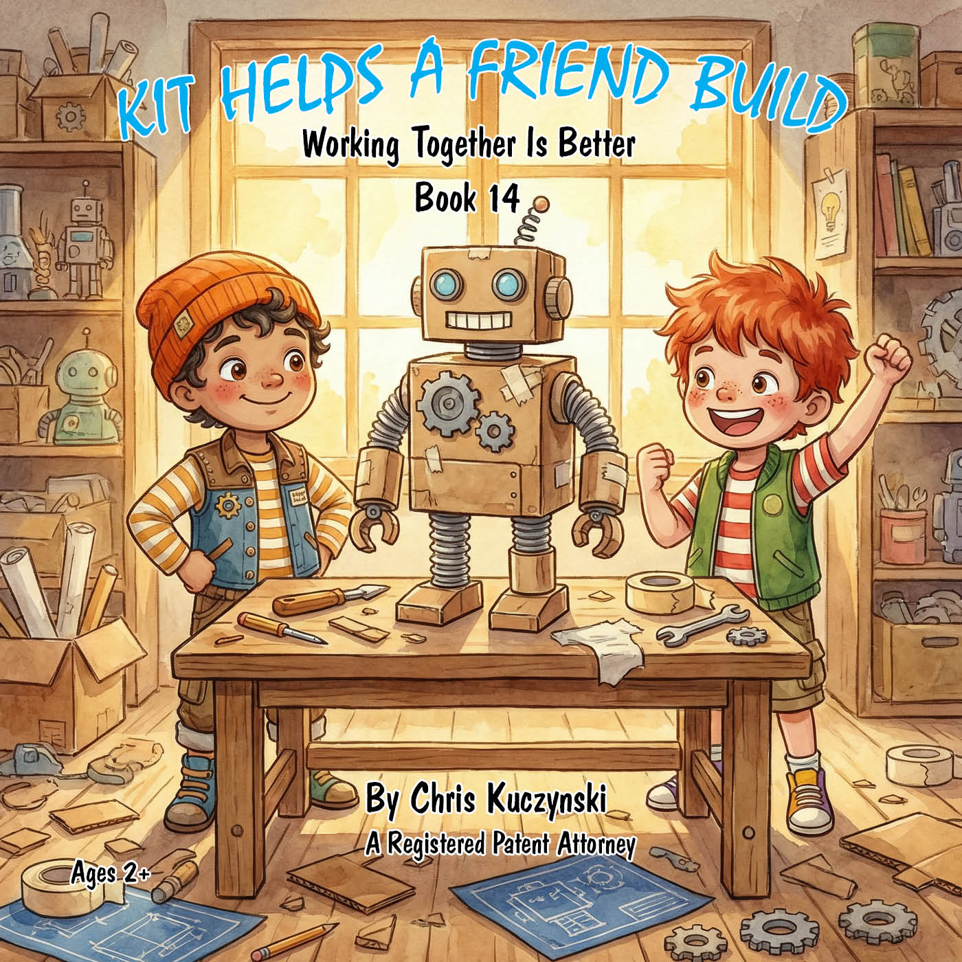 Illustrated book cover with two children and a robot in a workshop setting. Kit Helps A Friend Build: Working Together Is Better (Book 14)