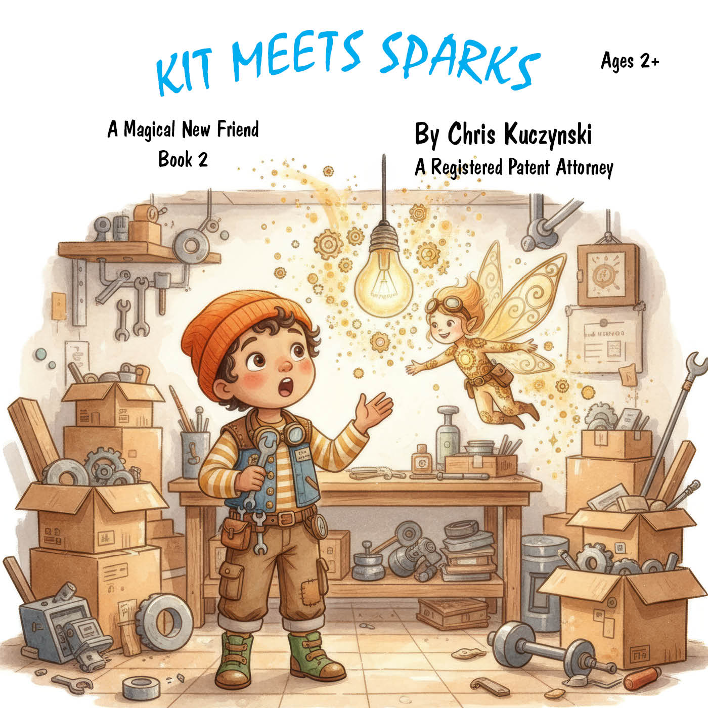 Book cover of 'Kit Meets Sparks' with a boy and fairy in a workshop setting. Kit Meets Sparks: A Magical New Friend (Book 2)