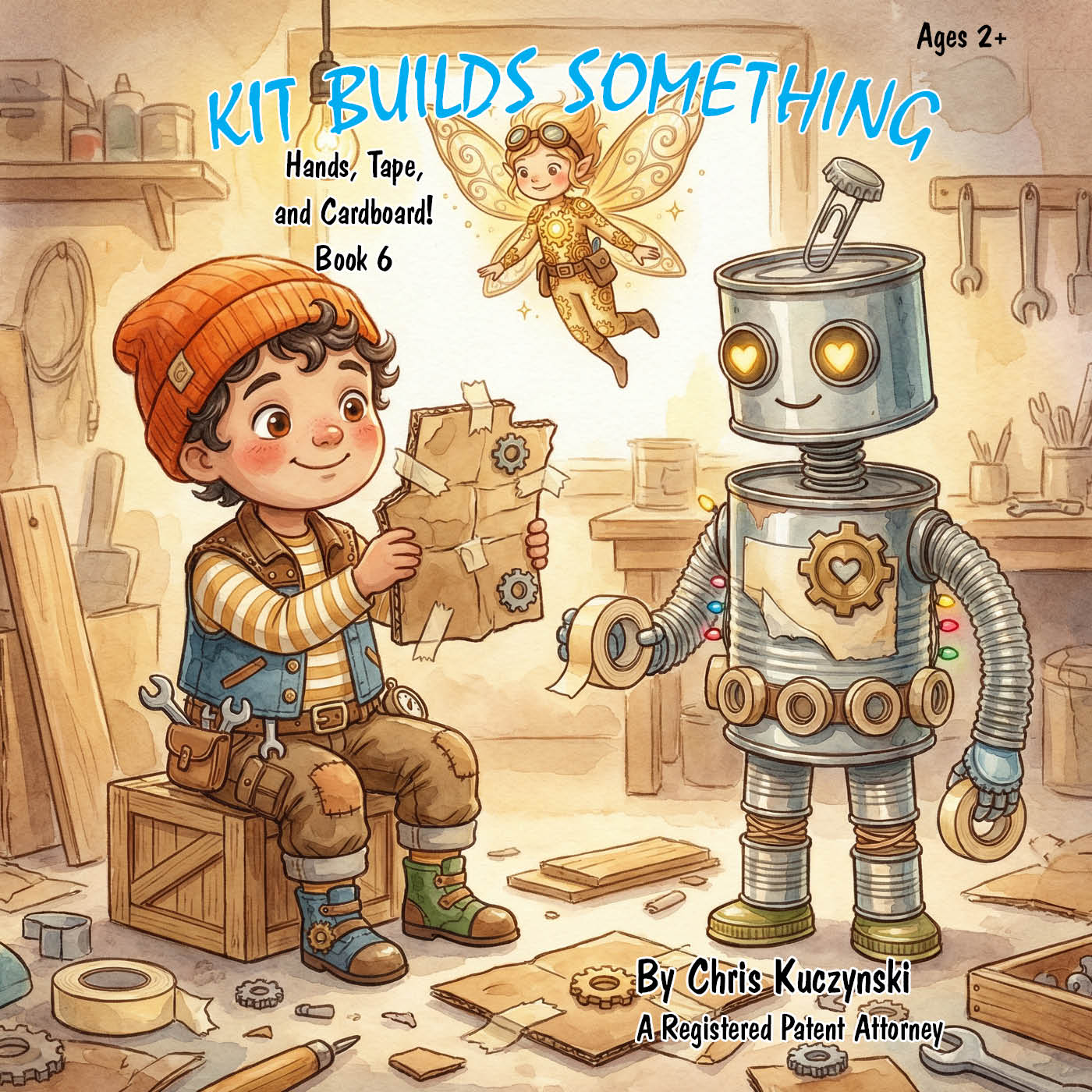 Book cover of 'Kit Builds Something' featuring a boy and robot in a workshop setting. Kit Builds Something: Hands, Tape, and Cardboard (Book 6)