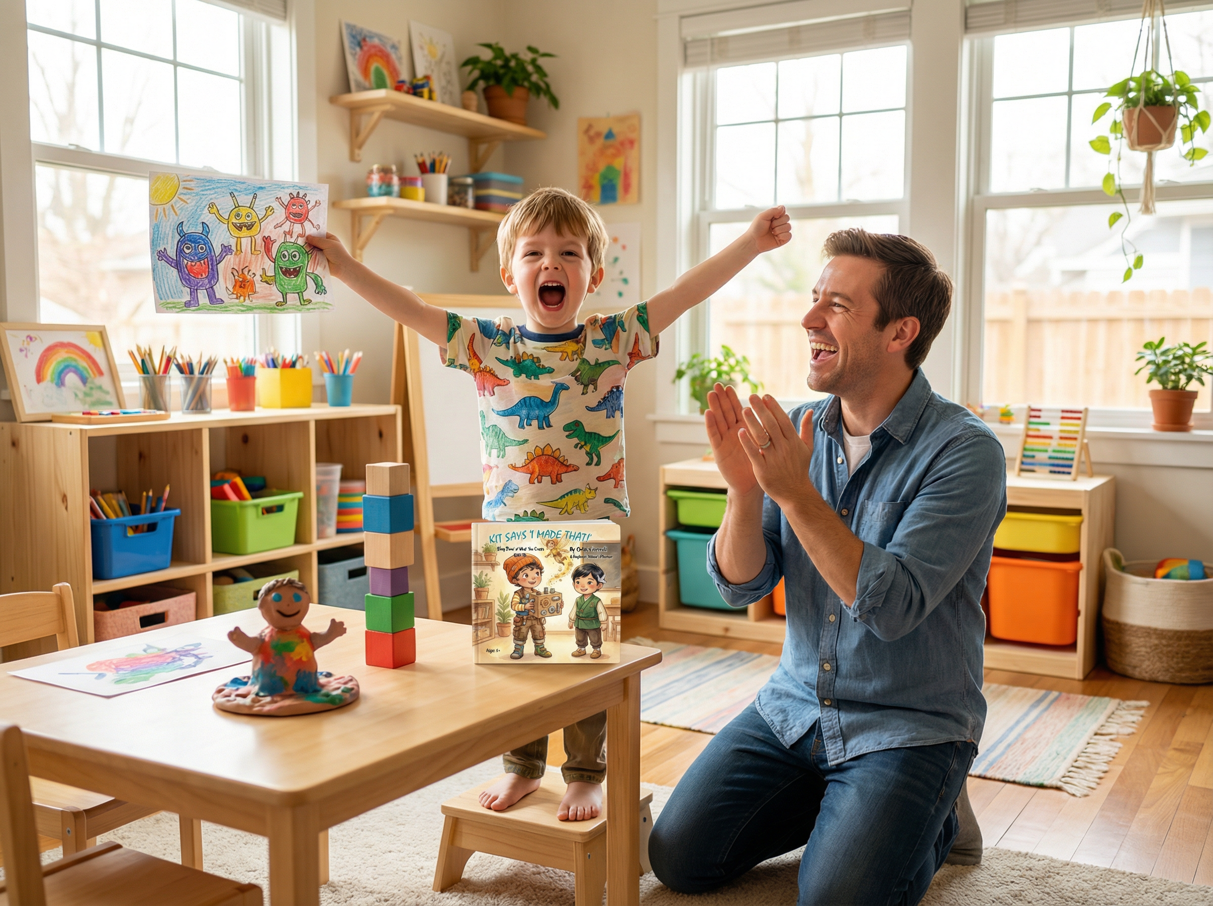 Man and child in a playroom with toys and books. Kit Says 'I Made That!': Being Proud of What You Create (Book 10)