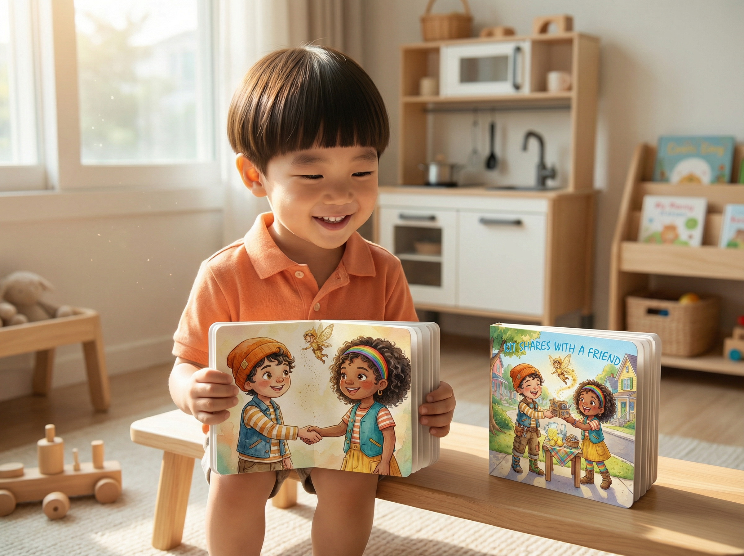 Child holding a children's book with two characters shaking hands in a home setting. Kit Shares With A Friend: Sharing Is Fun (Book 11)