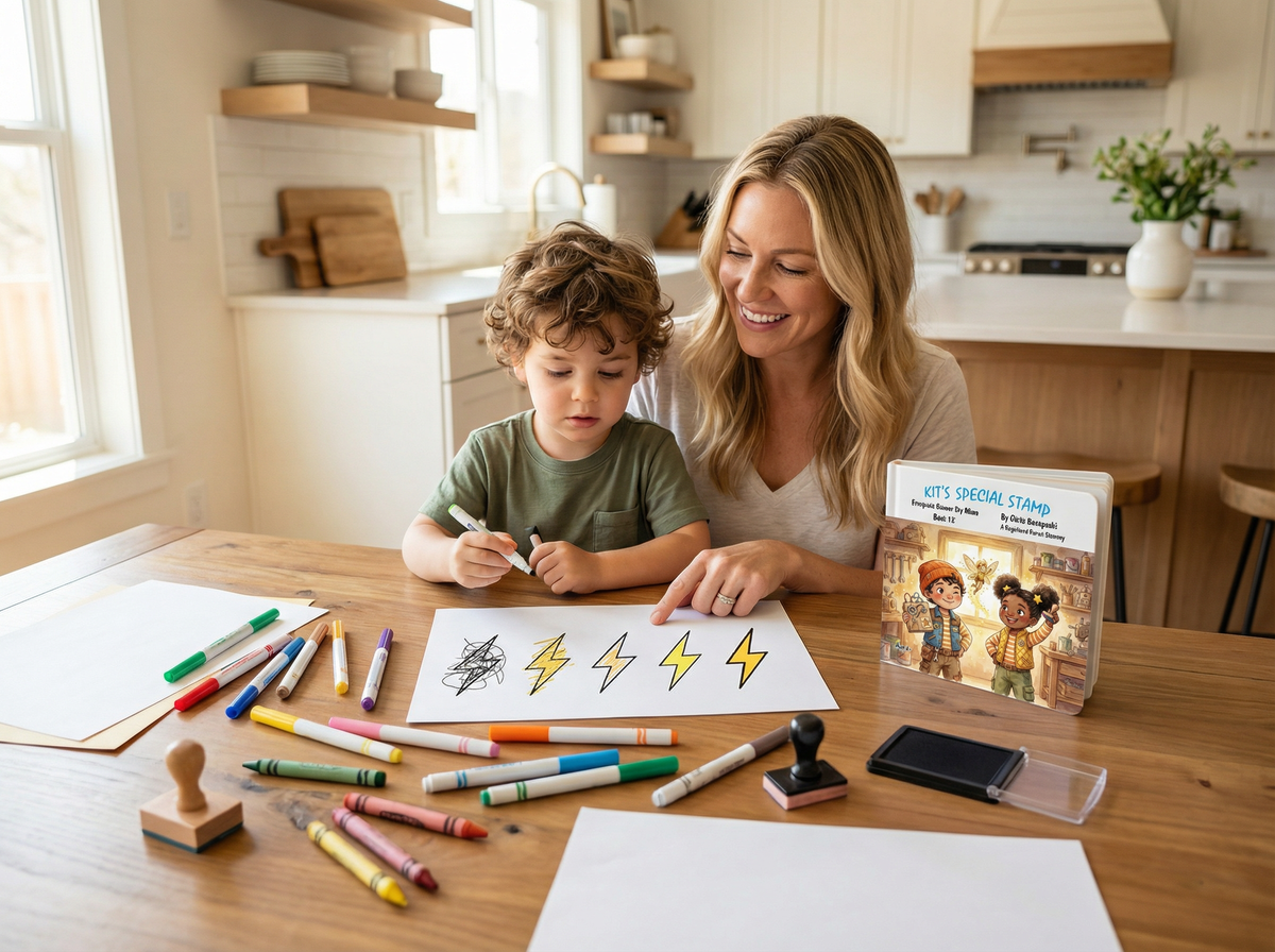 Woman and child sitting at a kitchen table with art supplies, coloring together. Kit's Special Stamp: Everyone Knows It's Mine (Book 12)