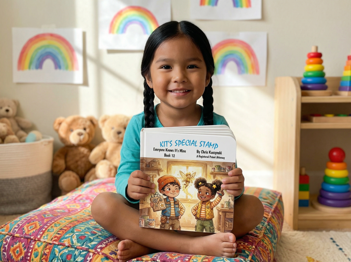 Child holding a book titled 'Kit's Special Stamp' in a room with toys and colorful decorations. Kit's Special Stamp: Everyone Knows It's Mine (Book 12)