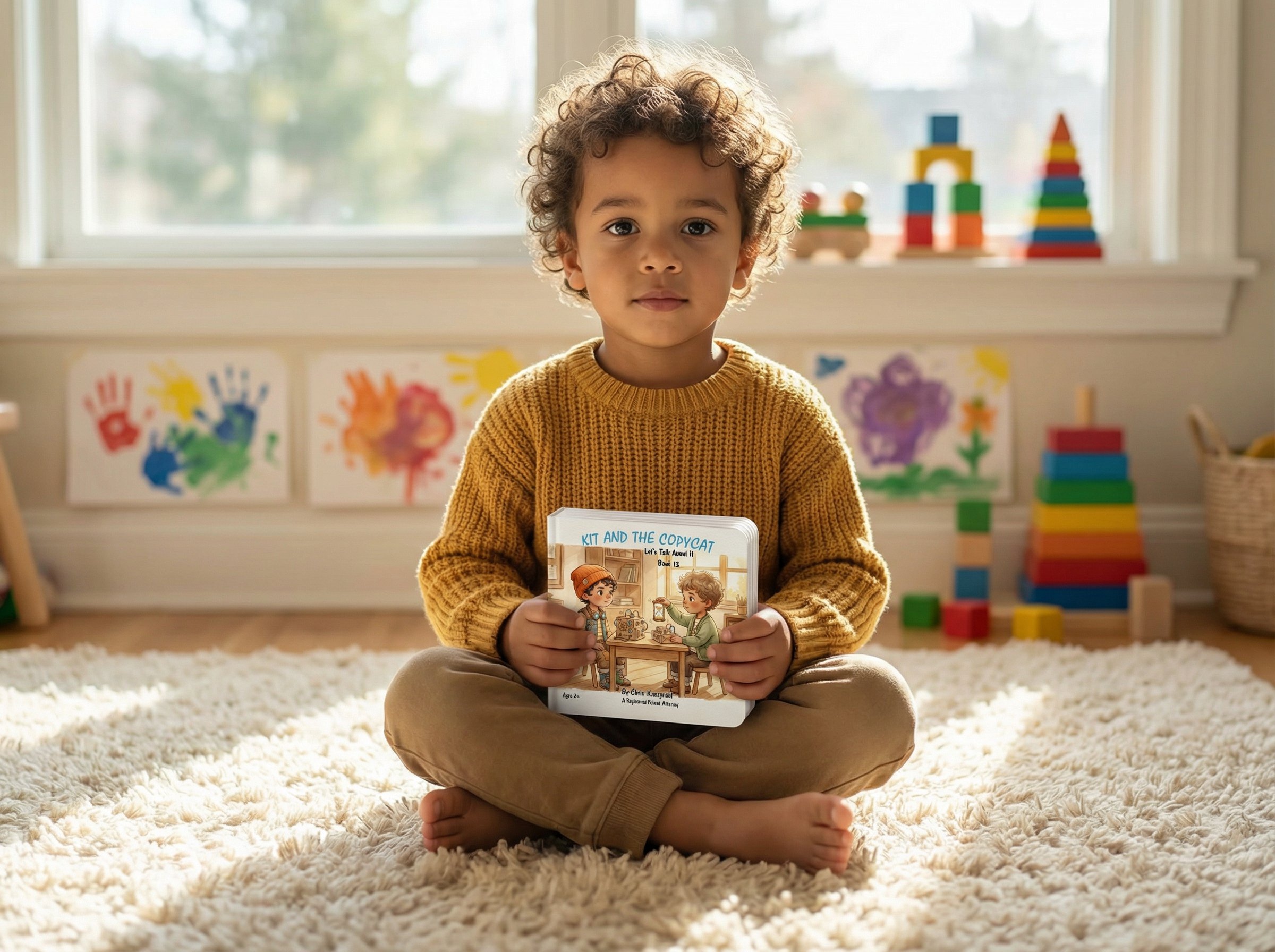 Child holding a book in a room with toys and colorful decorations. Kit And The Copycat: Let's Talk About It (Book 13)