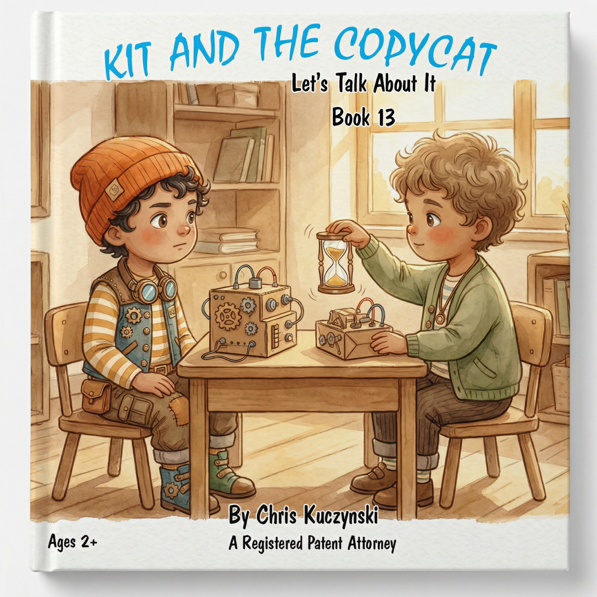 Kit And The Copycat: hardcover front cover. Two children at a sand timer with a bookshelf behind. Kit's Little Sparks Book 13, ages 2 to 4.