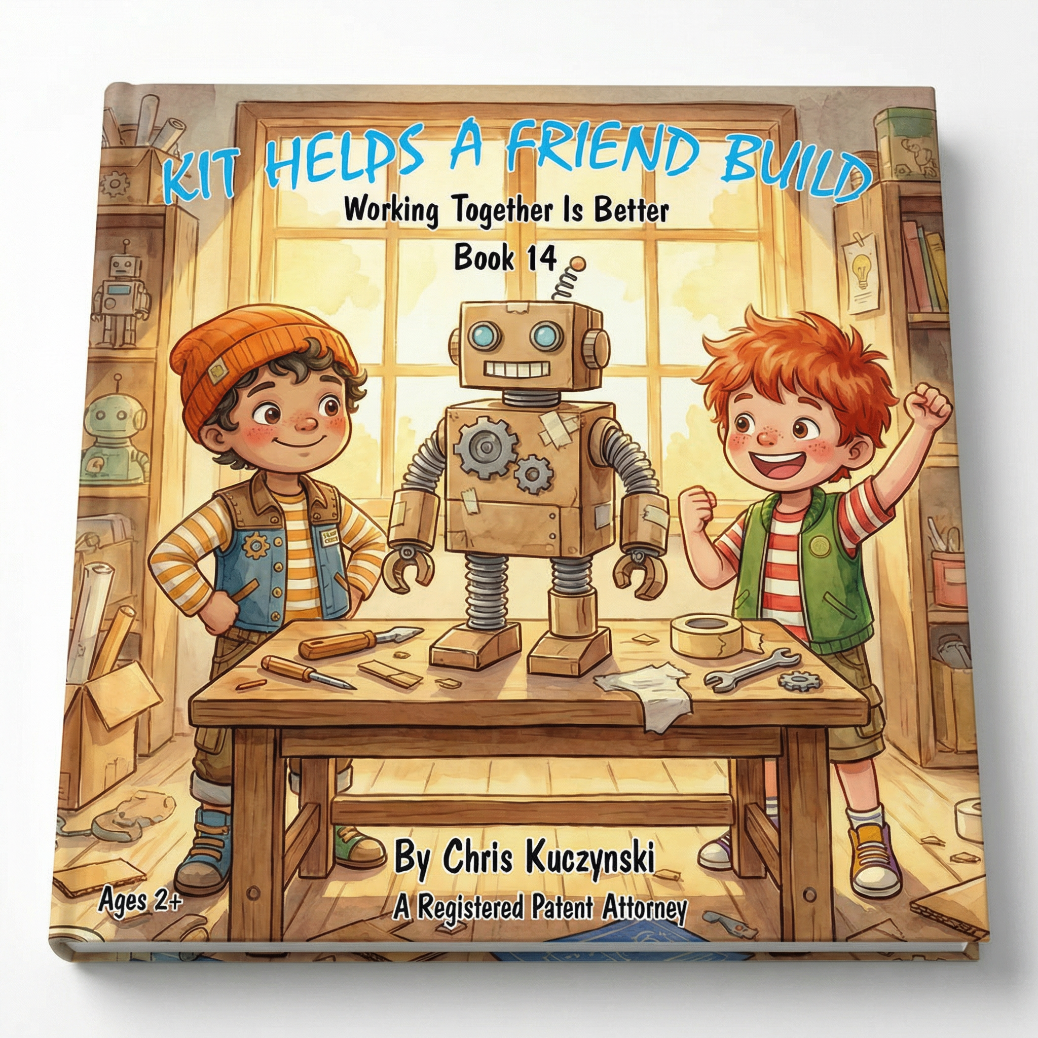 Book cover with two children and a robot in a workshop setting. Kit Helps A Friend Build: Working Together Is Better (Book 14)