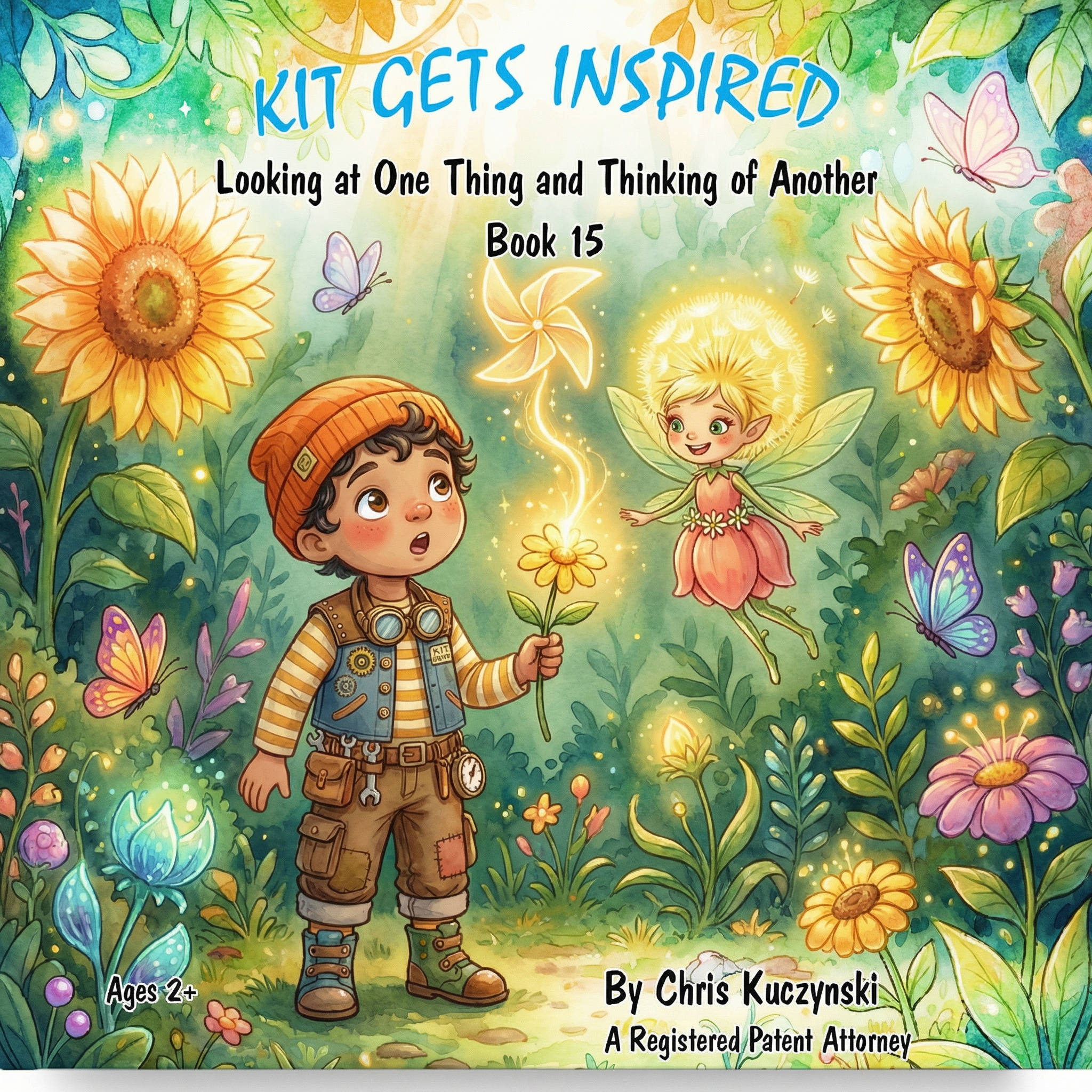 Book cover of 'Kit Gets Inspired' with a boy, fairy, and flowers in a colorful garden setting. Kit Gets Inspired: Looking at One Thing and Thinking of Another (Book 15)
