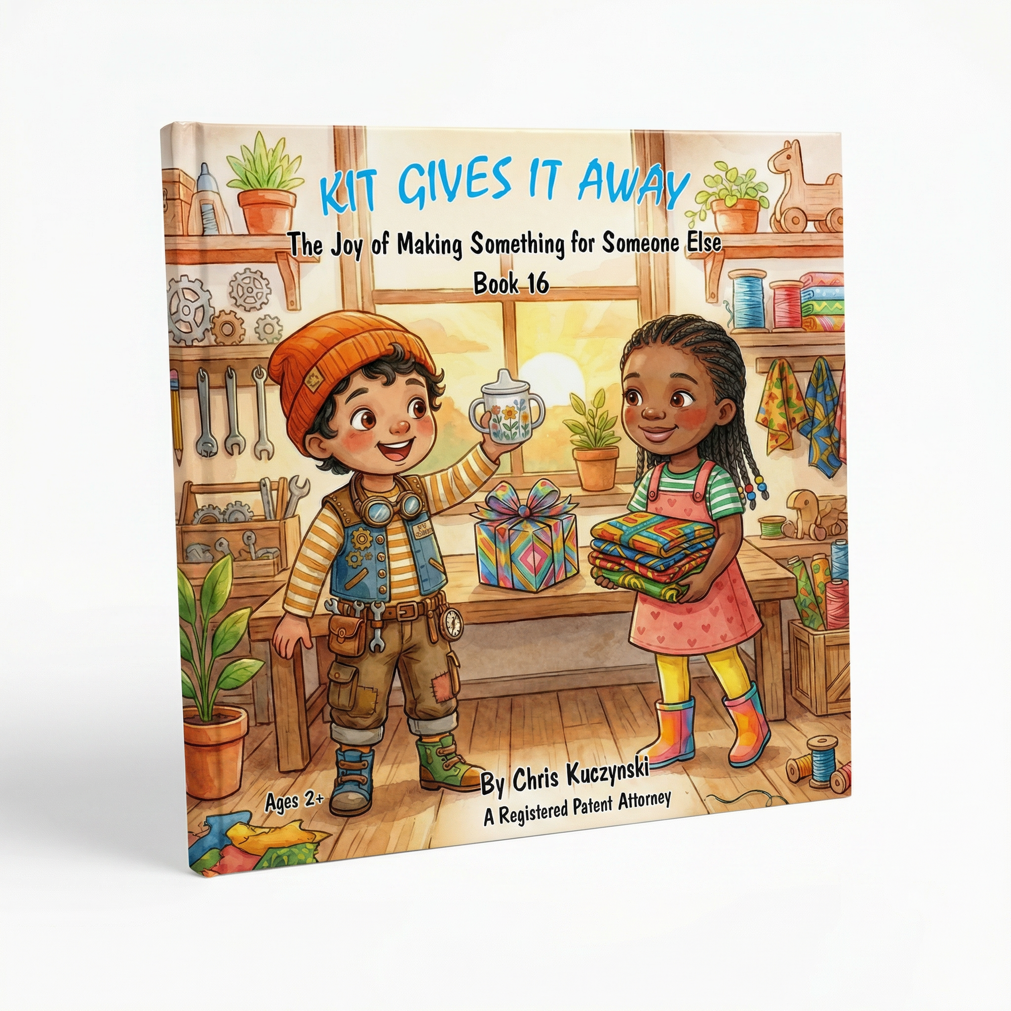 Book cover with two children in a room, one holding a gift and the other a stack of books. Kit Gives It Away: The Joy of Making Something for Someone Else (Book 16)