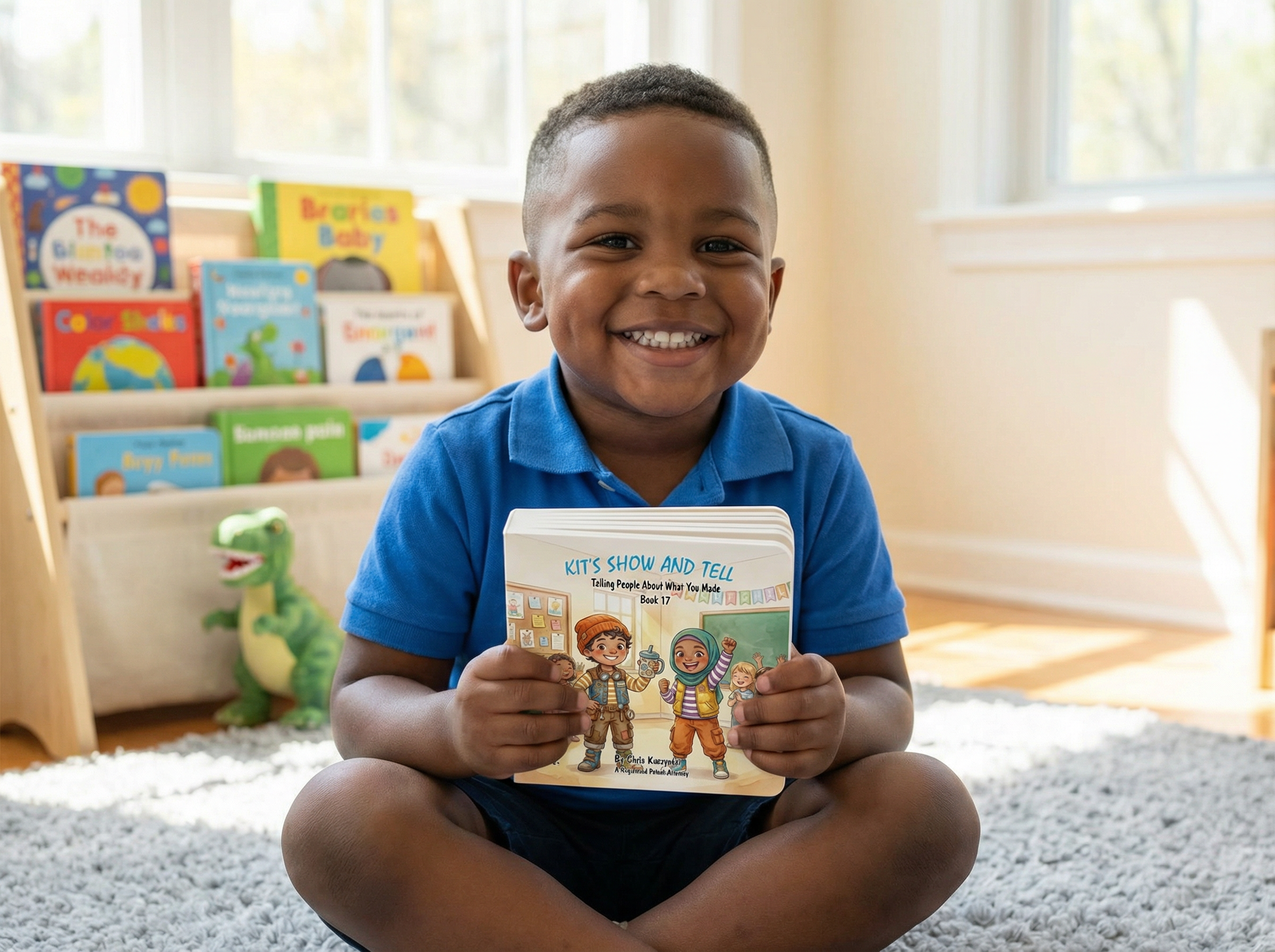 Child holding a book in a room with bookshelves. Kit's Show And Tell: Telling People About What You Made