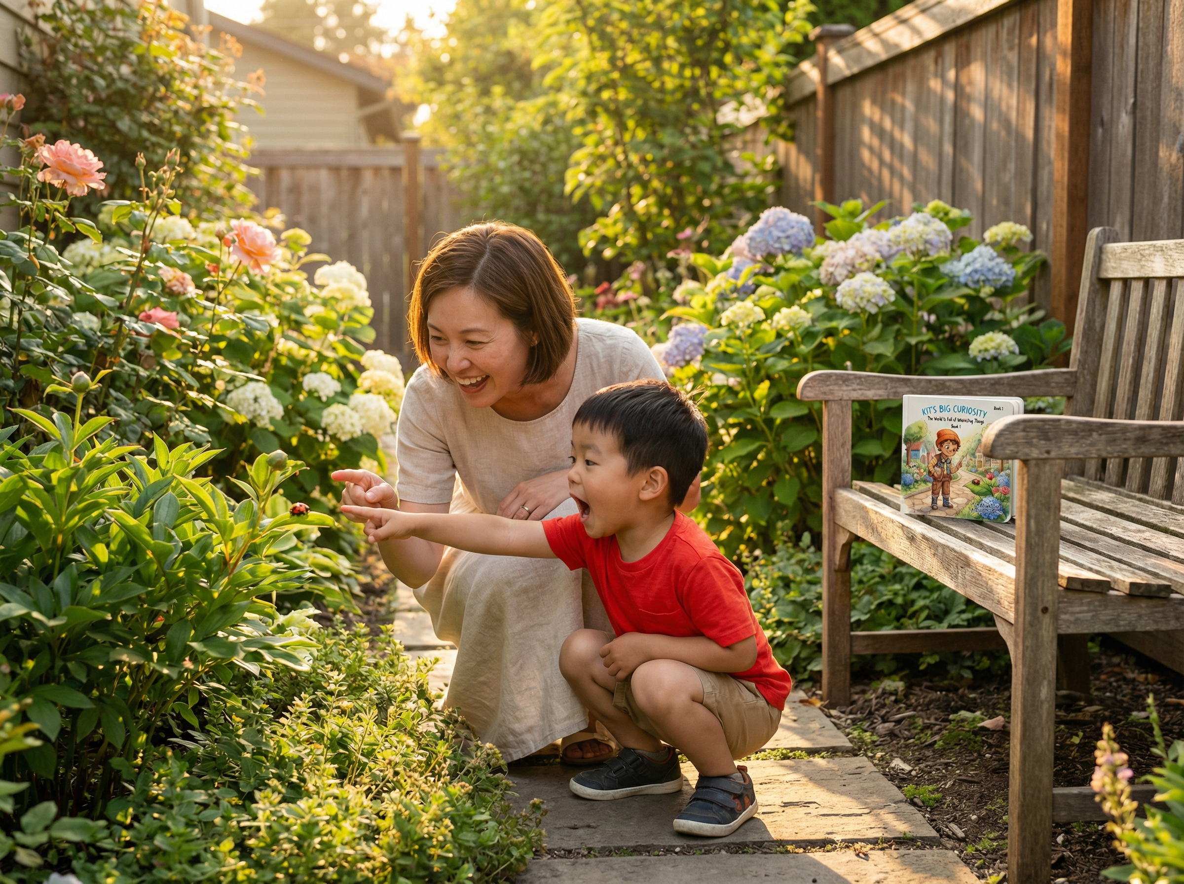 Woman and child in a garden, surrounded by flowers and plants. Kit's Big Curiosity: The World Is Full of Interesting Things (Book 1)