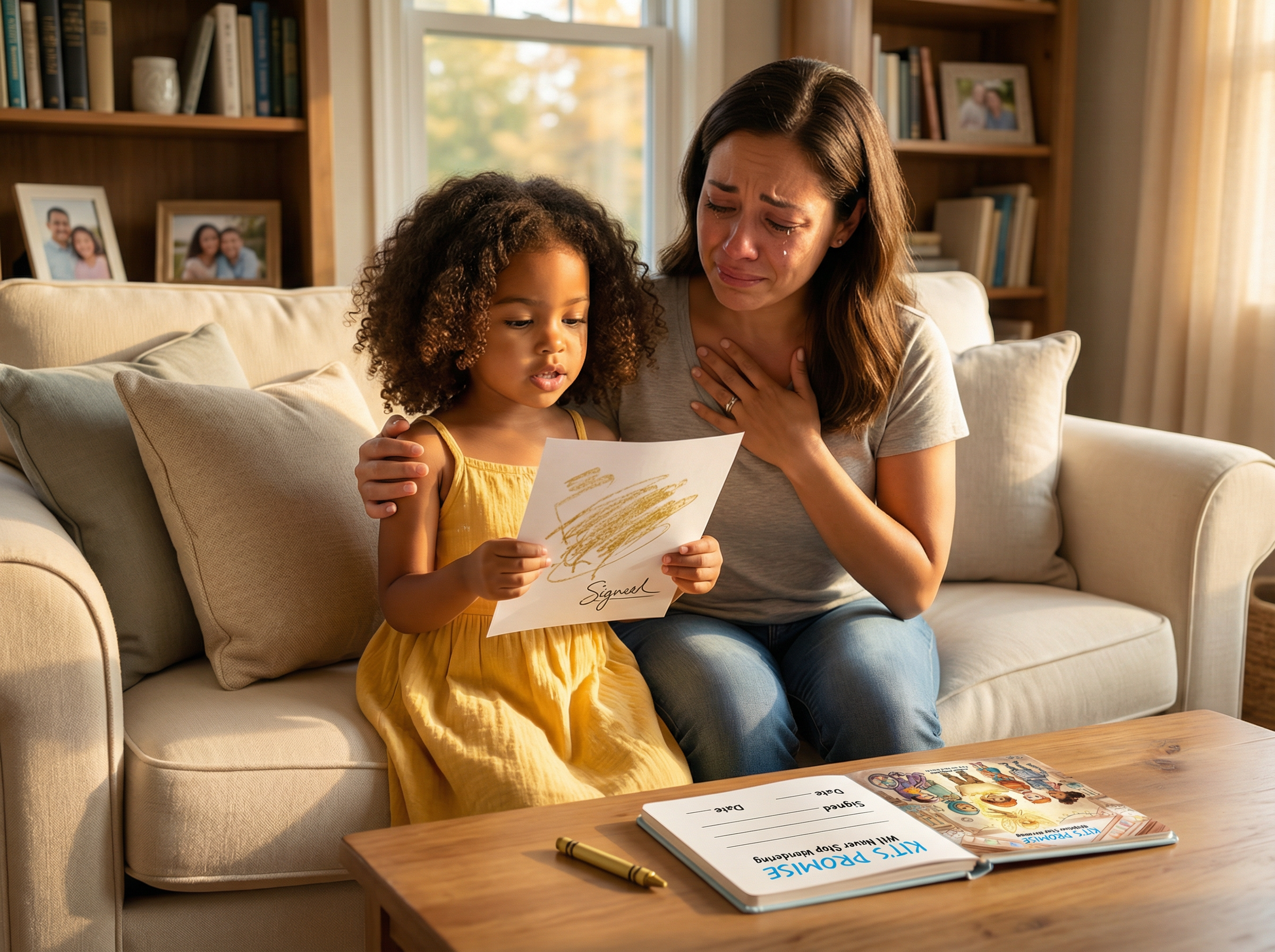 Woman and child sitting on a couch reading a book together in a cozy living room. Kit's Promise: I Will Never Stop Wondering (Book 20)
