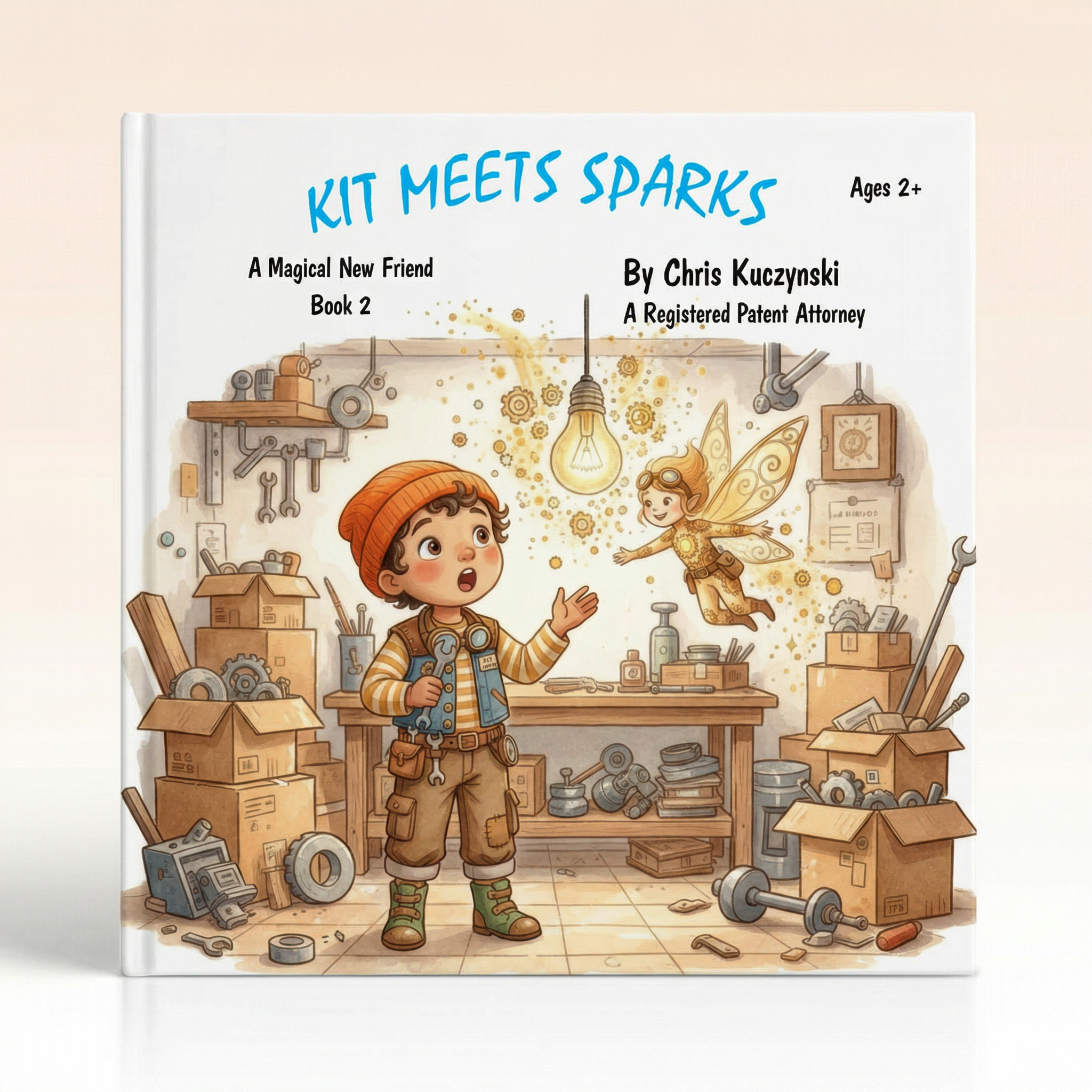 Book cover of 'Kit Meets Sparks' with a boy and fairy in a workshop setting. Kit Meets Sparks: A Magical New Friend (Book 2)