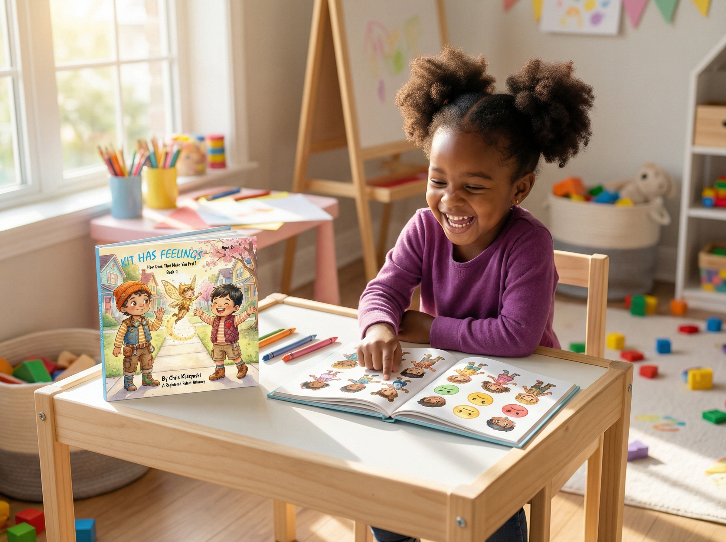Child reading a book at a table with educational materials around. Kit Has Feelings: How Does That Make You Feel? (Book 4)