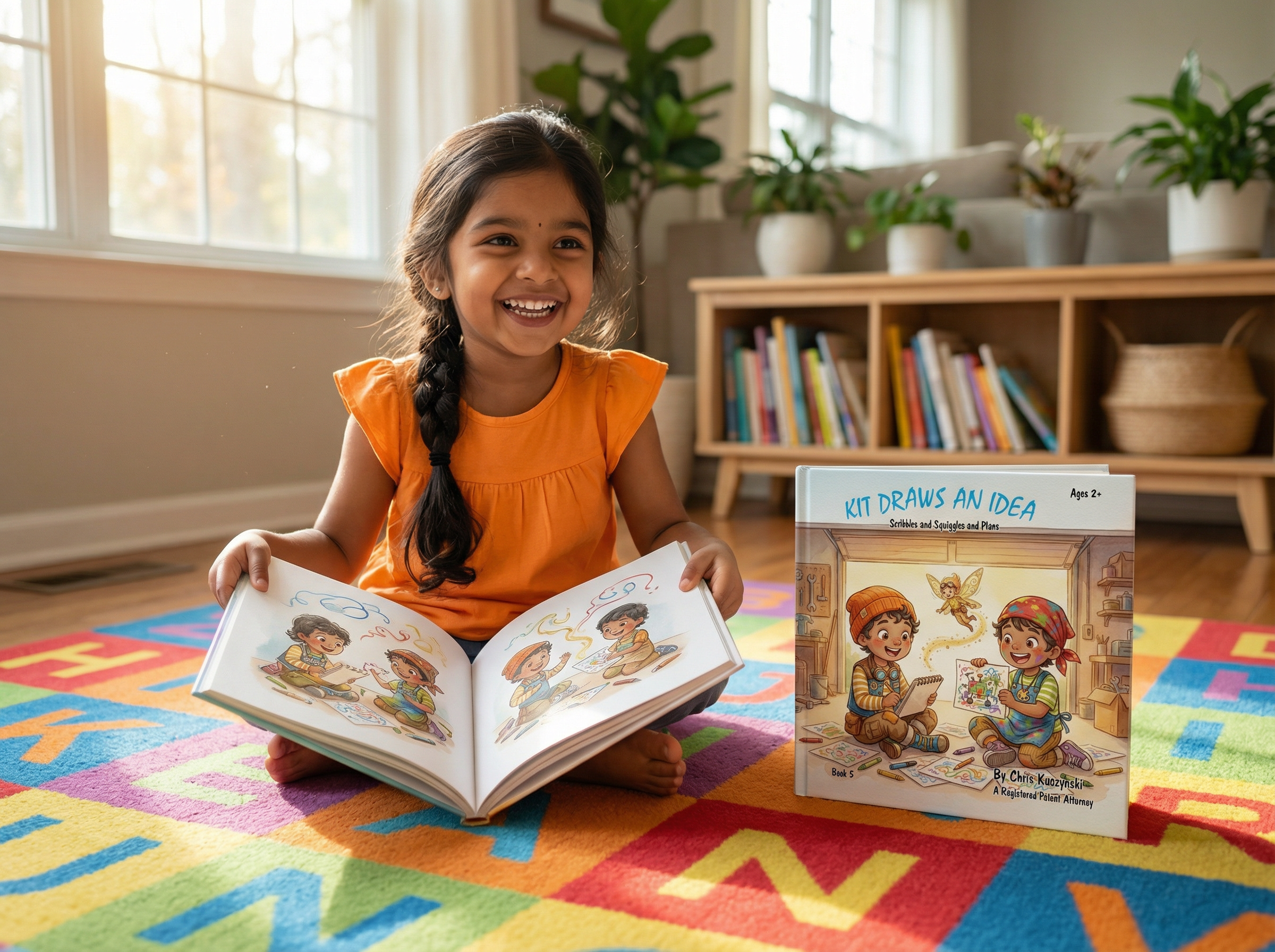Young girl in an orange shirt reading a book on a colorful rug with another book next to her. Kit Draws An Idea: Scribbles and Squiggles and Plans (Book 5)