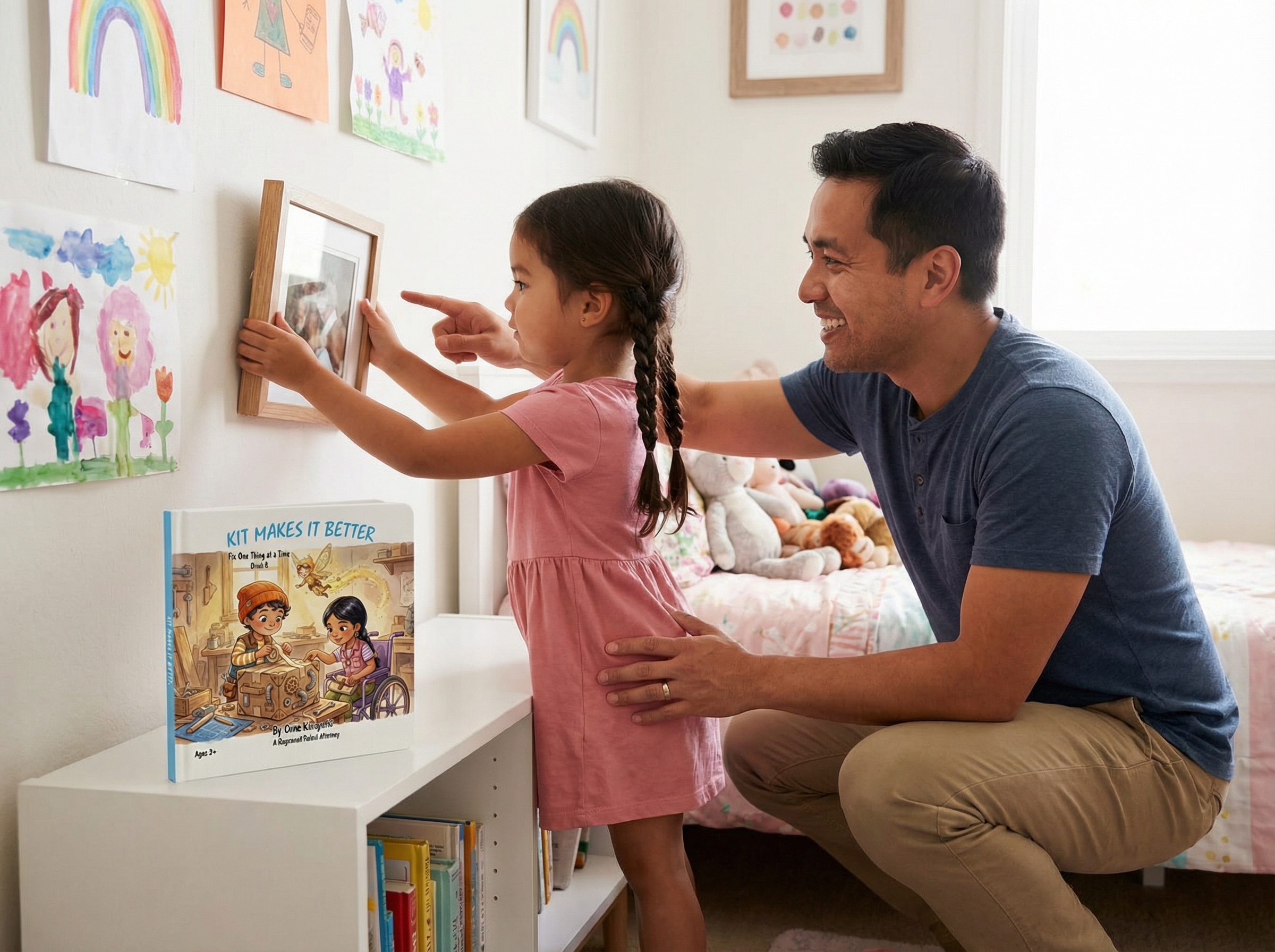 Man and young girl pointing at a picture together in a bedroom with books and artwork. Kit Makes It Better: Fix One Thing at a Time (Book 8)