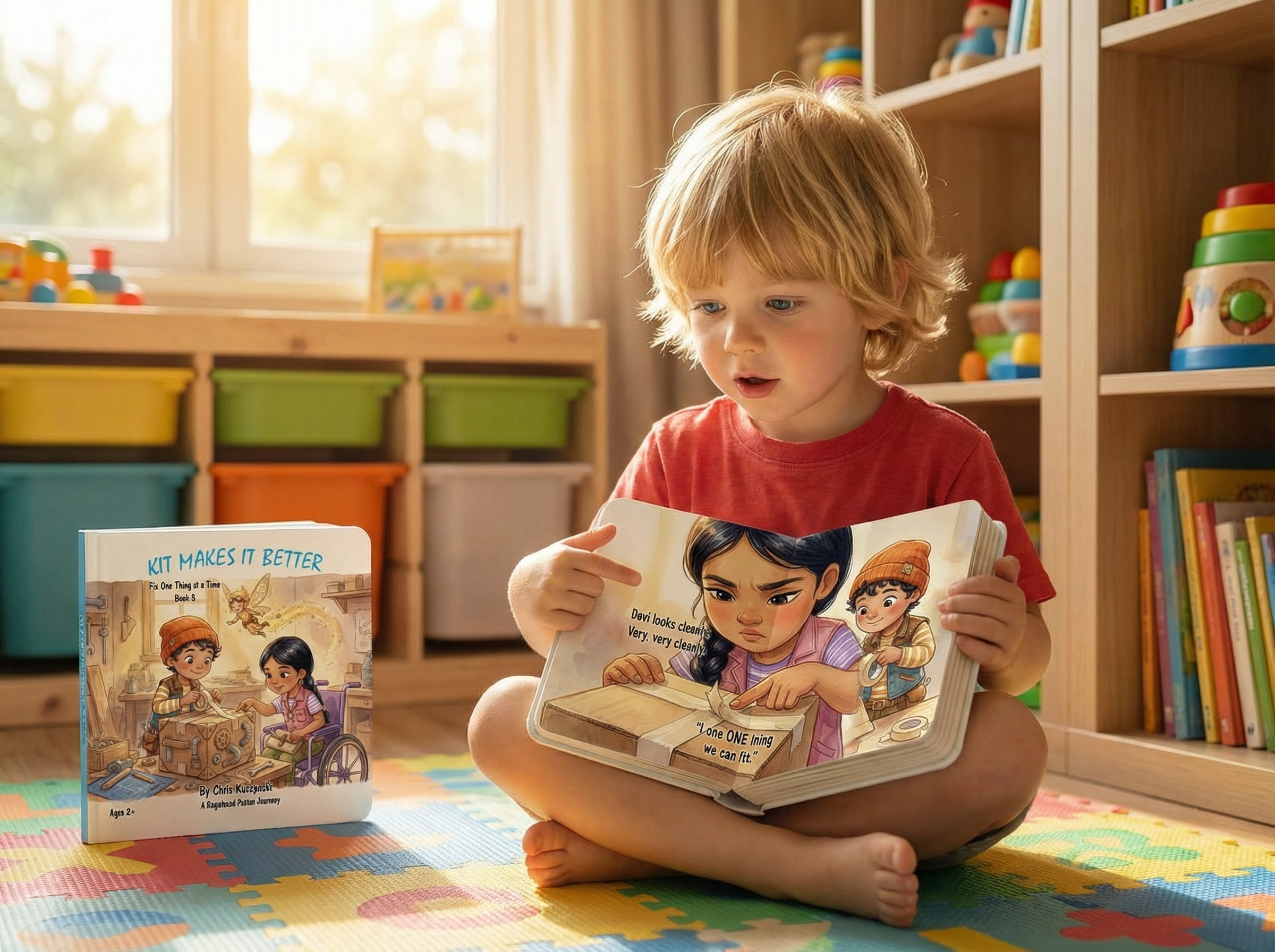 Child reading a book in a colorful room with toys and books around. Kit Makes It Better: Fix One Thing at a Time (Book 8)