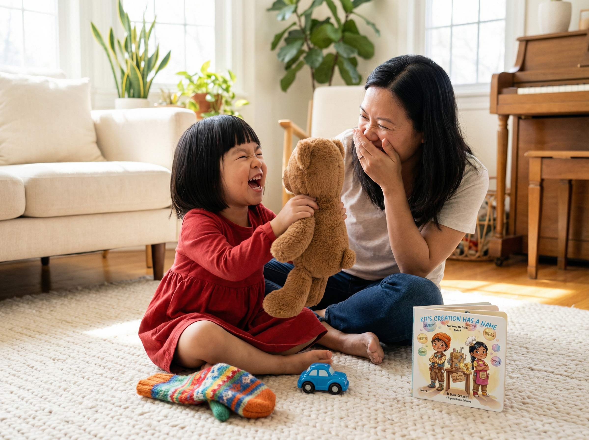 Woman and child playing with toys in a living room. Kit's Creation Has A Name: What Should We Call It? (Book 9)