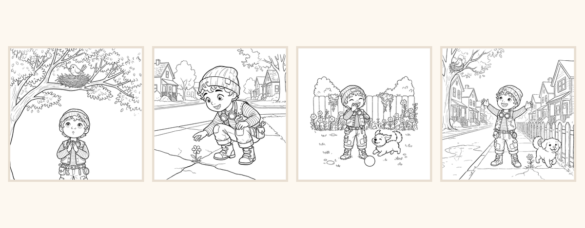 Kit coloring pages from Kit's Big Curiosity, a STEM picture book for toddlers and preschoolers