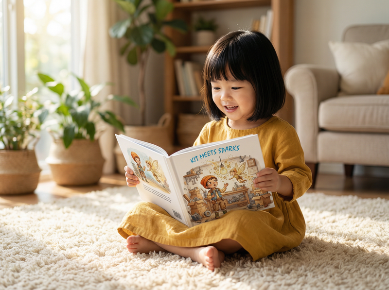 Family reading a Kit's Little Sparks book about trademarks and patents with a young child
