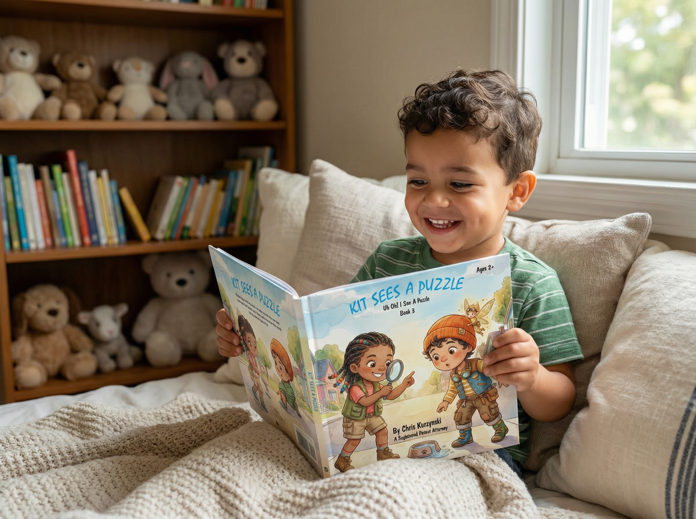 Toddler engaged in reading a STEM board book with parent in a cozy living room