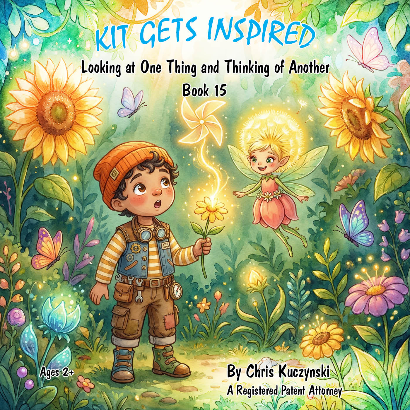 Book cover of 'Kit Gets Inspired' with a boy, fairy, and flowers in a magical forest setting. Kit Gets Inspired: Looking at One Thing and Thinking of Another (Book 15)