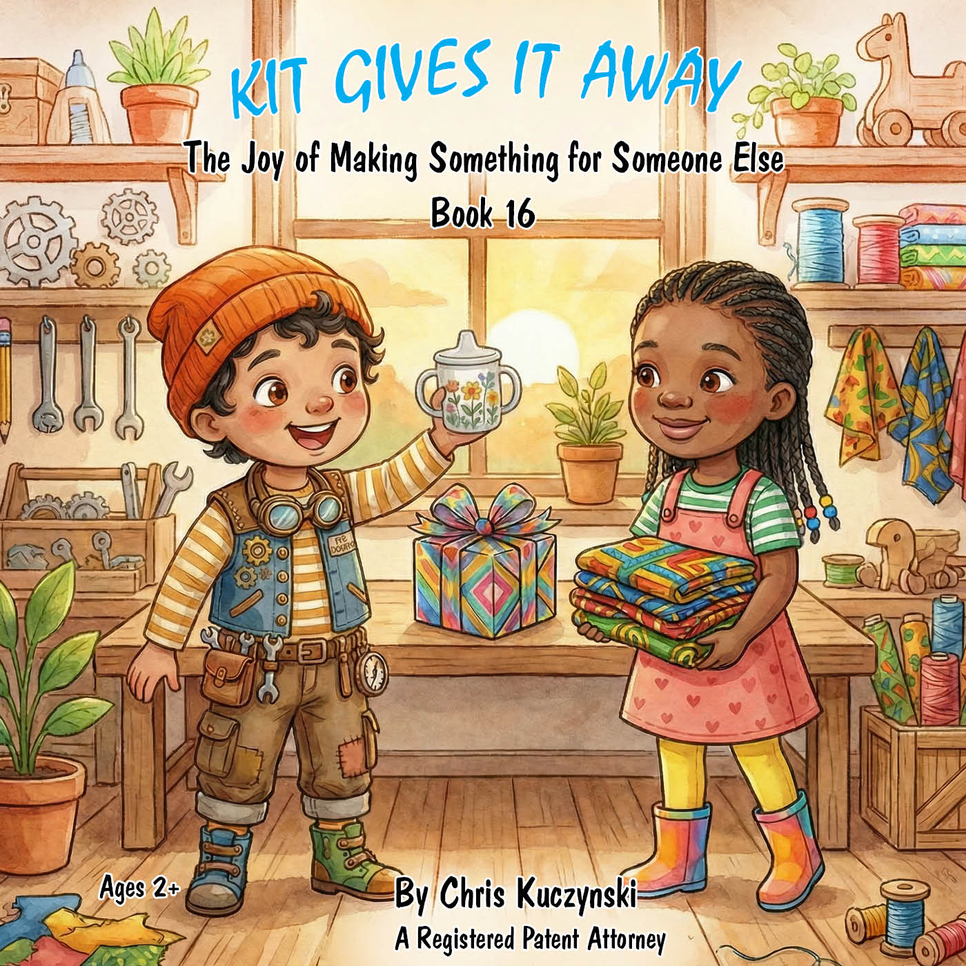 Book cover with two children in a workshop setting, holding a gift and a cup. Kit Gives It Away: The Joy of Making Something for Someone Else (Book 16)