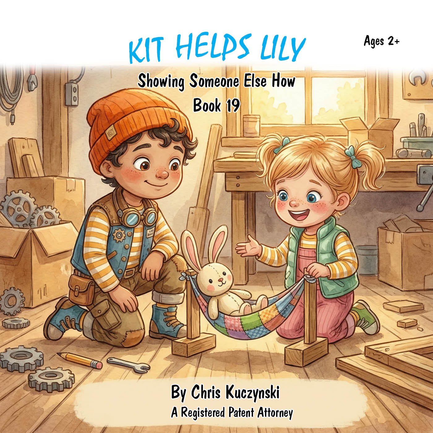 Book cover of 'Kit Helps Lily' showing two children in a workshop setting. Kit Helps Lily: Showing Someone Else How (Book 19)