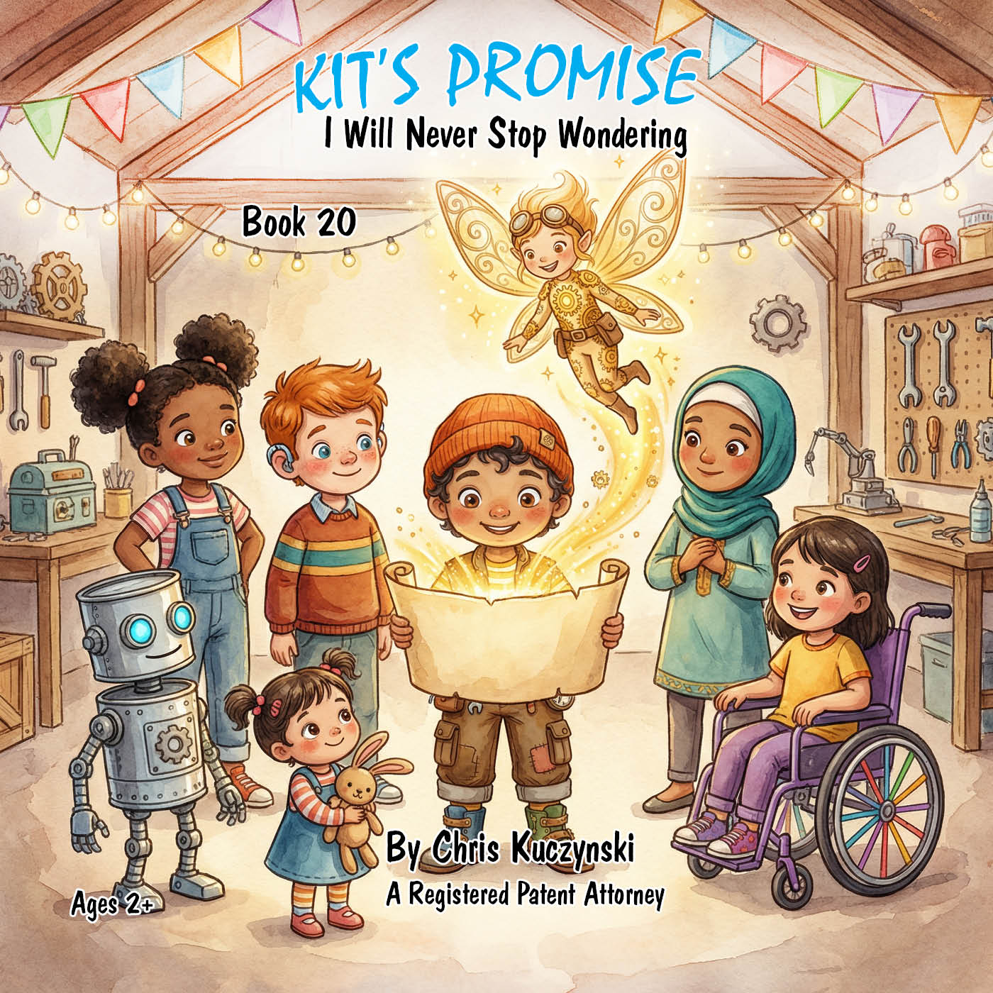 Book cover of 'Kit's Promise: I Will Never Stop Wondering' with children and a fairy in a workshop setting. Kit's Promise: I Will Never Stop Wondering (Book 20)