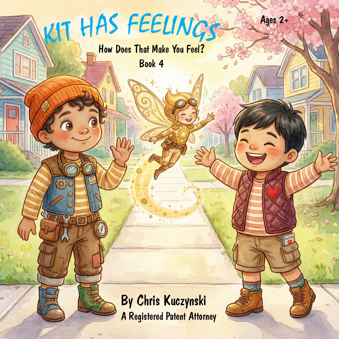 Book cover of 'Kit Has Feelings' with two children and a fairy in a suburban setting. Kit Has Feelings: How Does That Make You Feel? (Book 4)