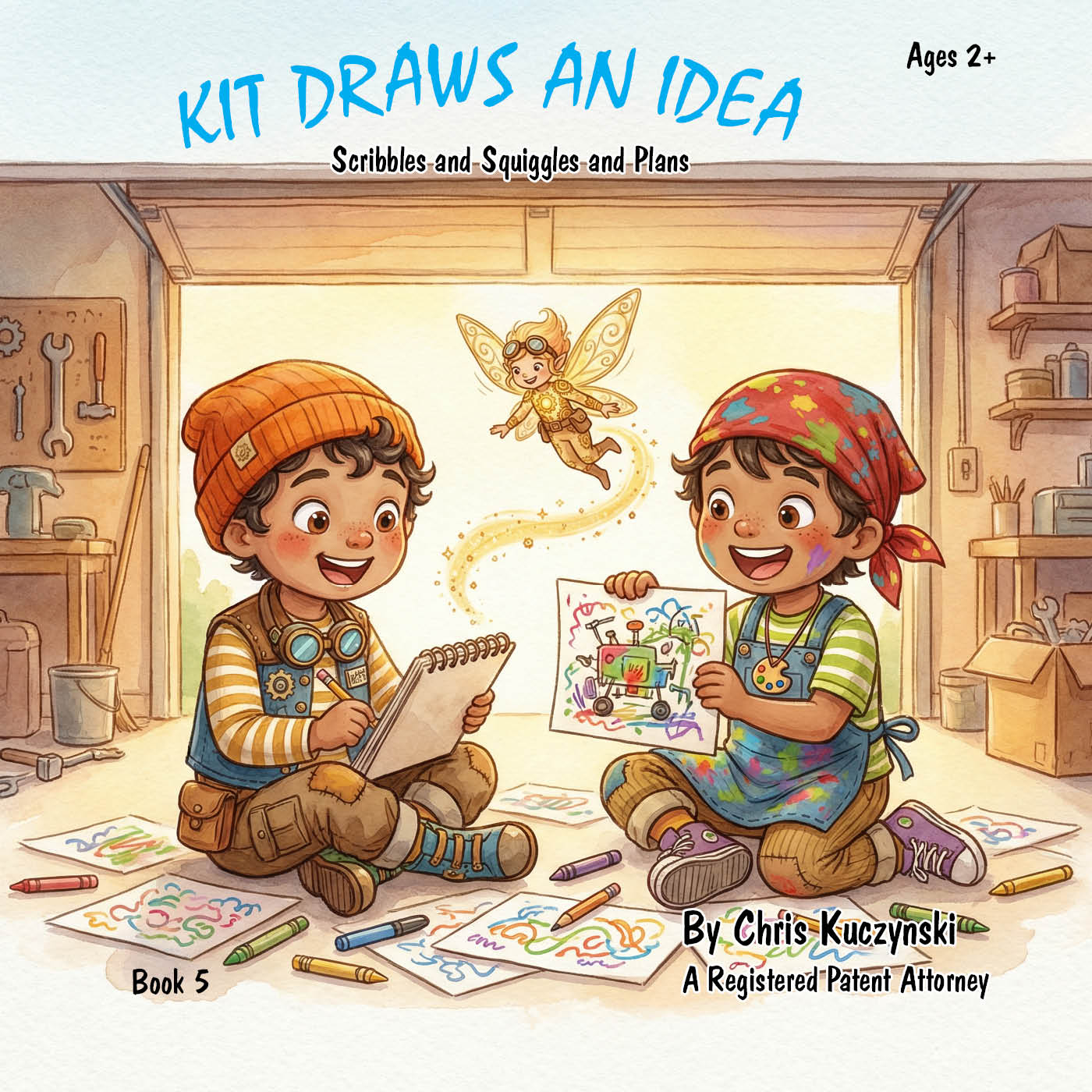 Book cover of 'Kit Draws an Idea' with two children in a workshop setting. Kit Draws An Idea: Scribbles and Squiggles and Plans (Book 5)