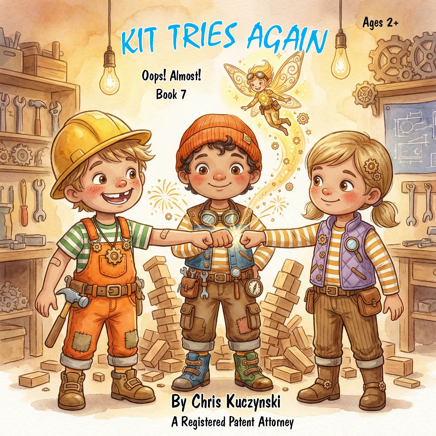 Illustrated book cover with three children in a workshop setting, shaking hands with a fairy above them. Kit Tries Again: Oops! Almost! (Book 7)