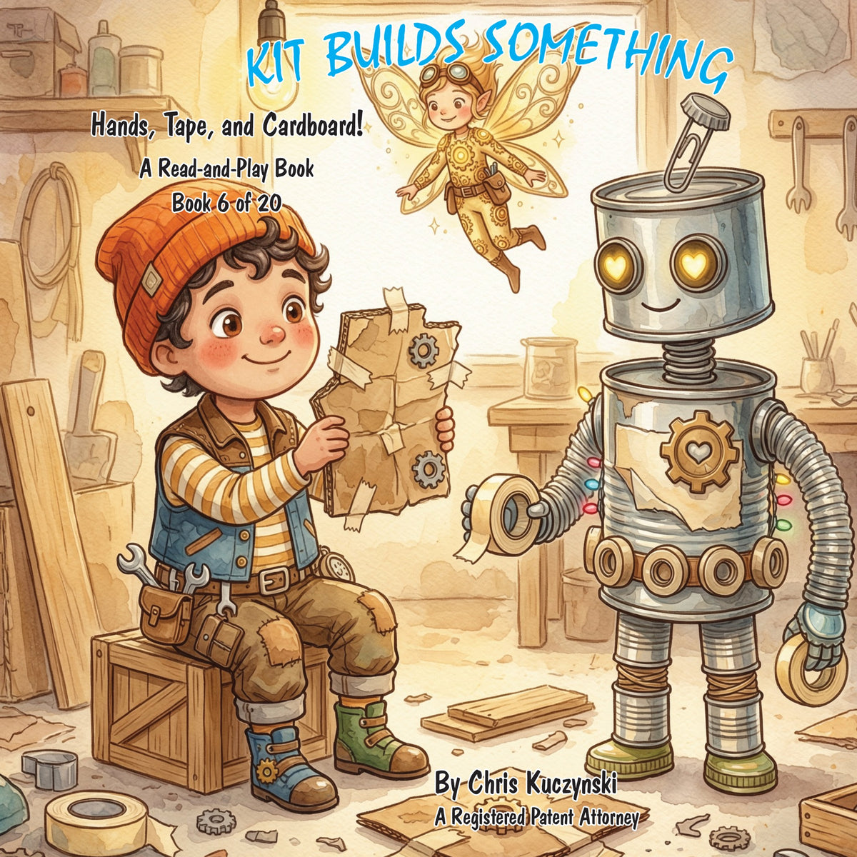 Kit Builds Something: Hands, Tape, and Cardboard!, front cover (Book 6 of Kit's Little Sparks)
