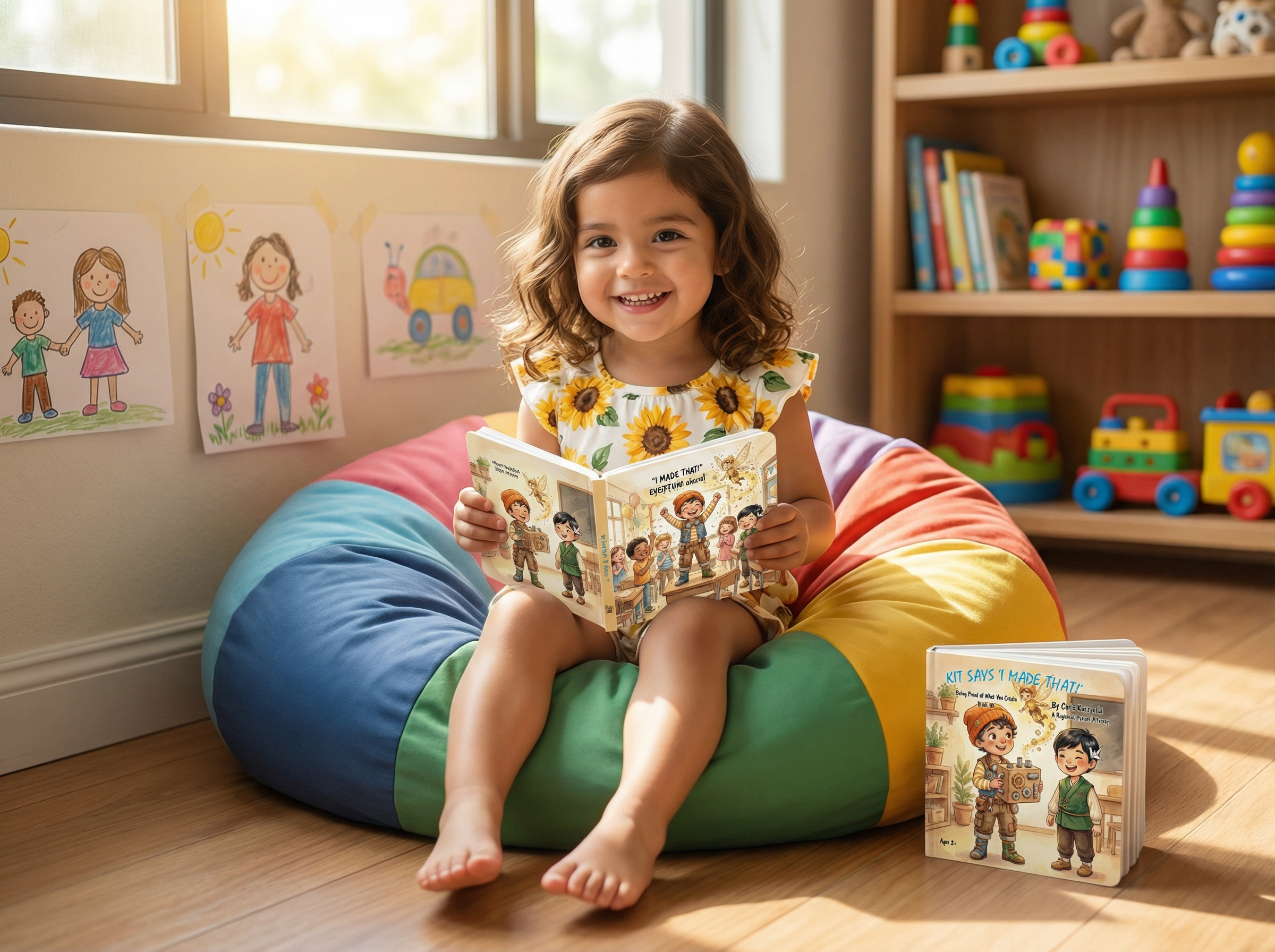 Child sitting on a colorful bean bag reading a book in a room with toys and artwork. Kit Says 'I Made That!': Being Proud of What You Create (Book 10)