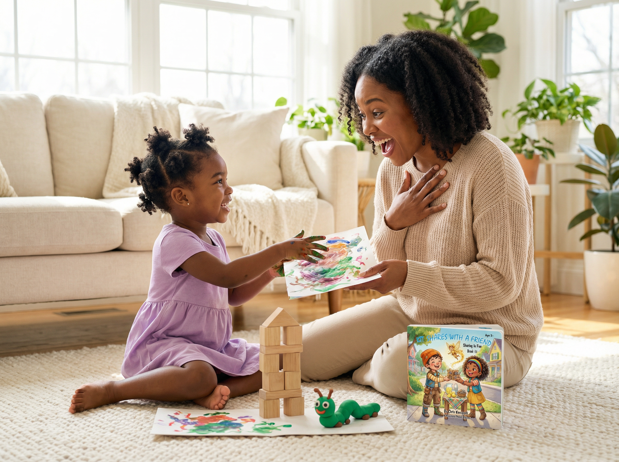 Woman and child playing with toys and books on a rug in a living room. Kit Shares With A Friend: Sharing Is Fun (Book 11)