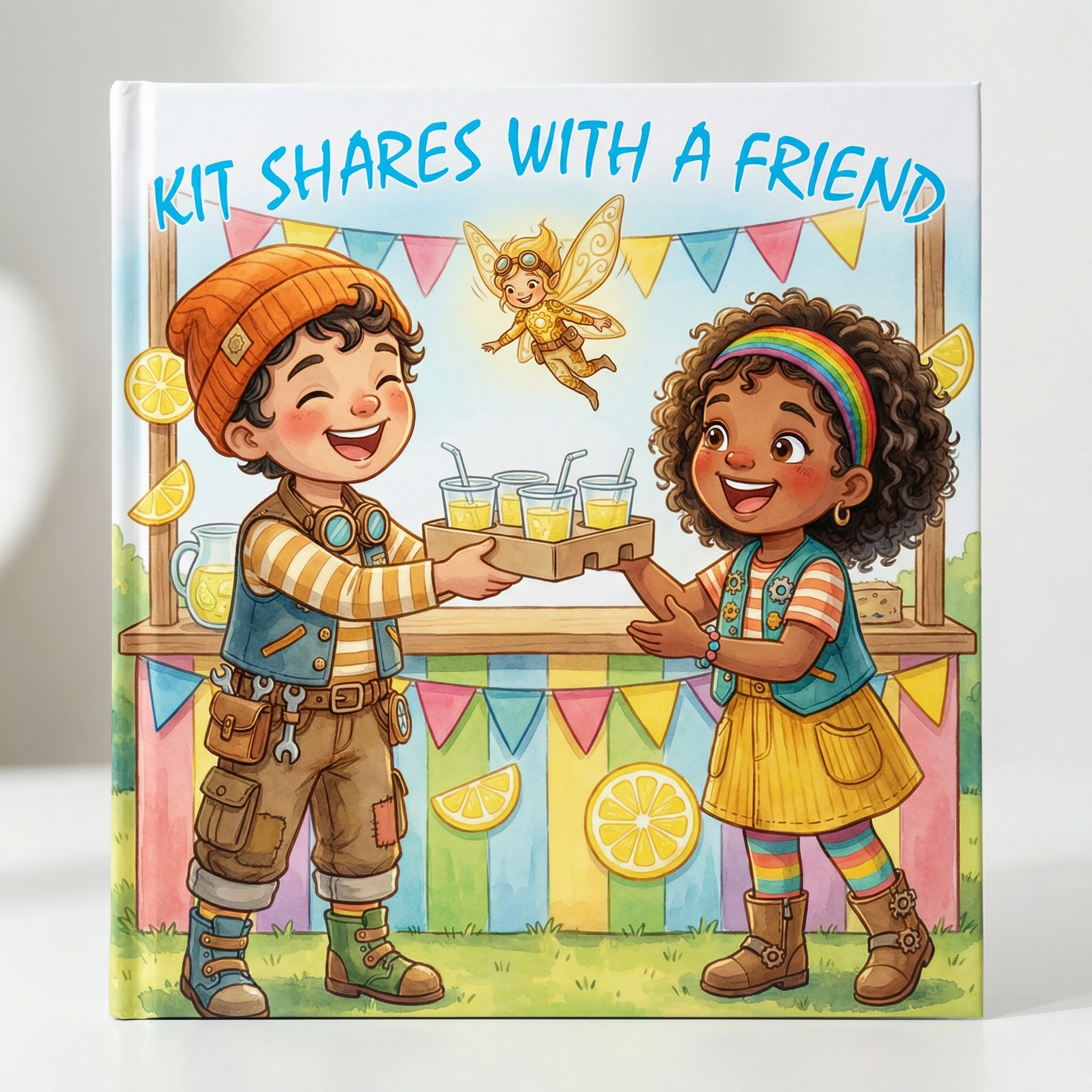 Children's book cover with two children sharing drinks, a fairy, and lemon slices. Kit Shares With A Friend: Sharing Is Fun (Book 11)