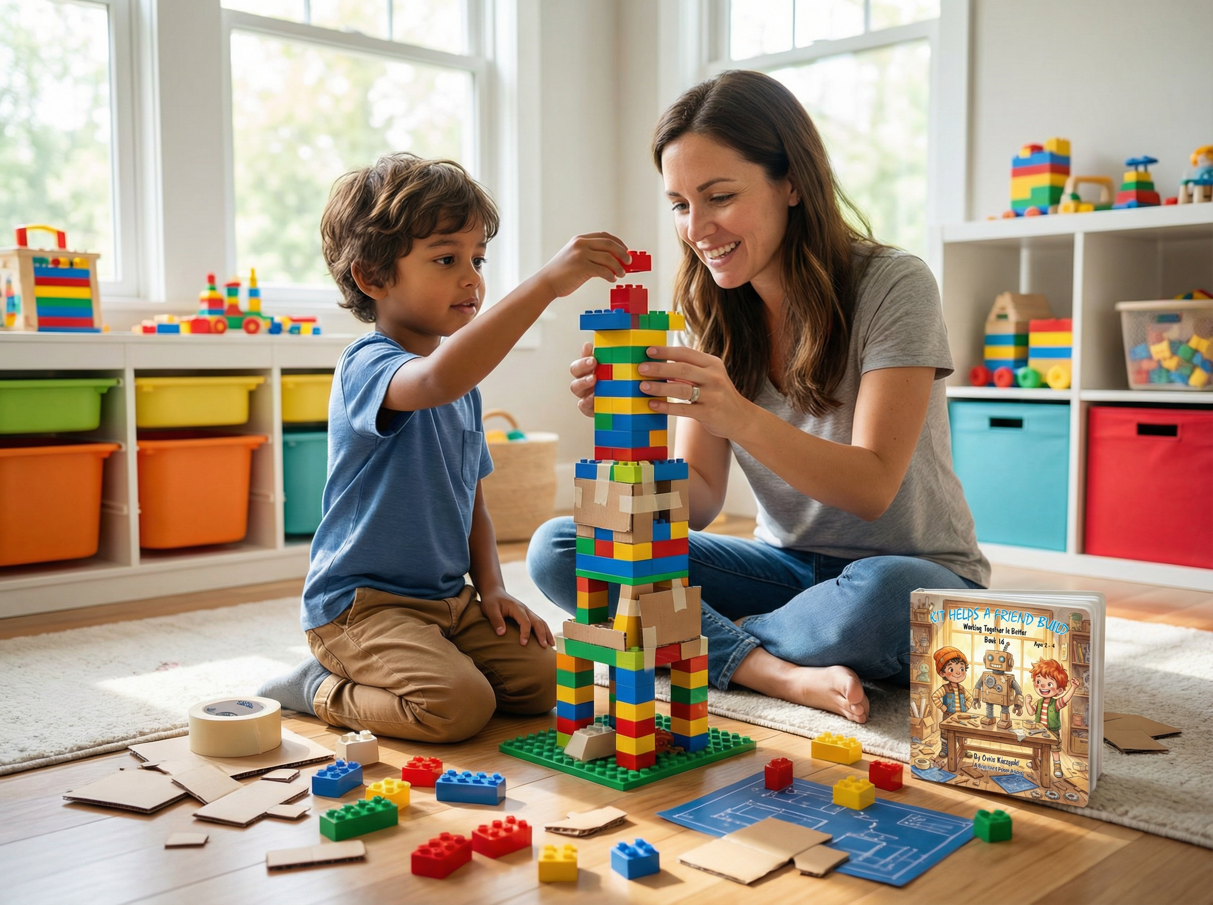 Woman and child playing with colorful building blocks in a bright room. Kit Helps A Friend Build: Working Together Is Better (Book 14)
