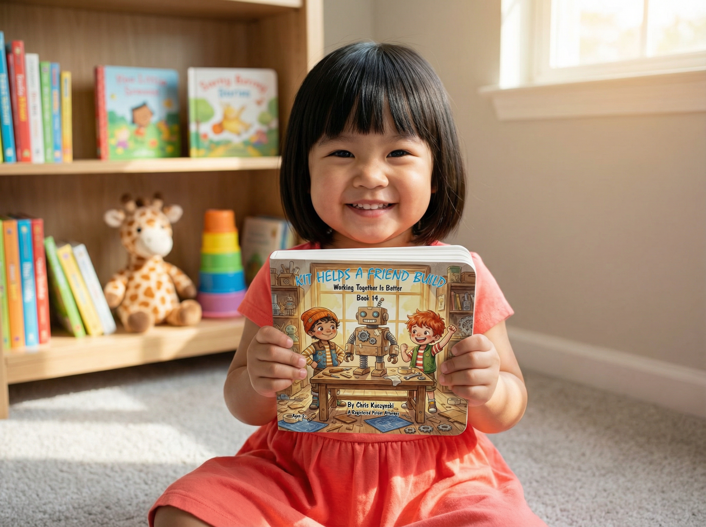 Child holding a book in a room with books and toys on shelves. Kit Helps A Friend Build: Working Together Is Better (Book 14)