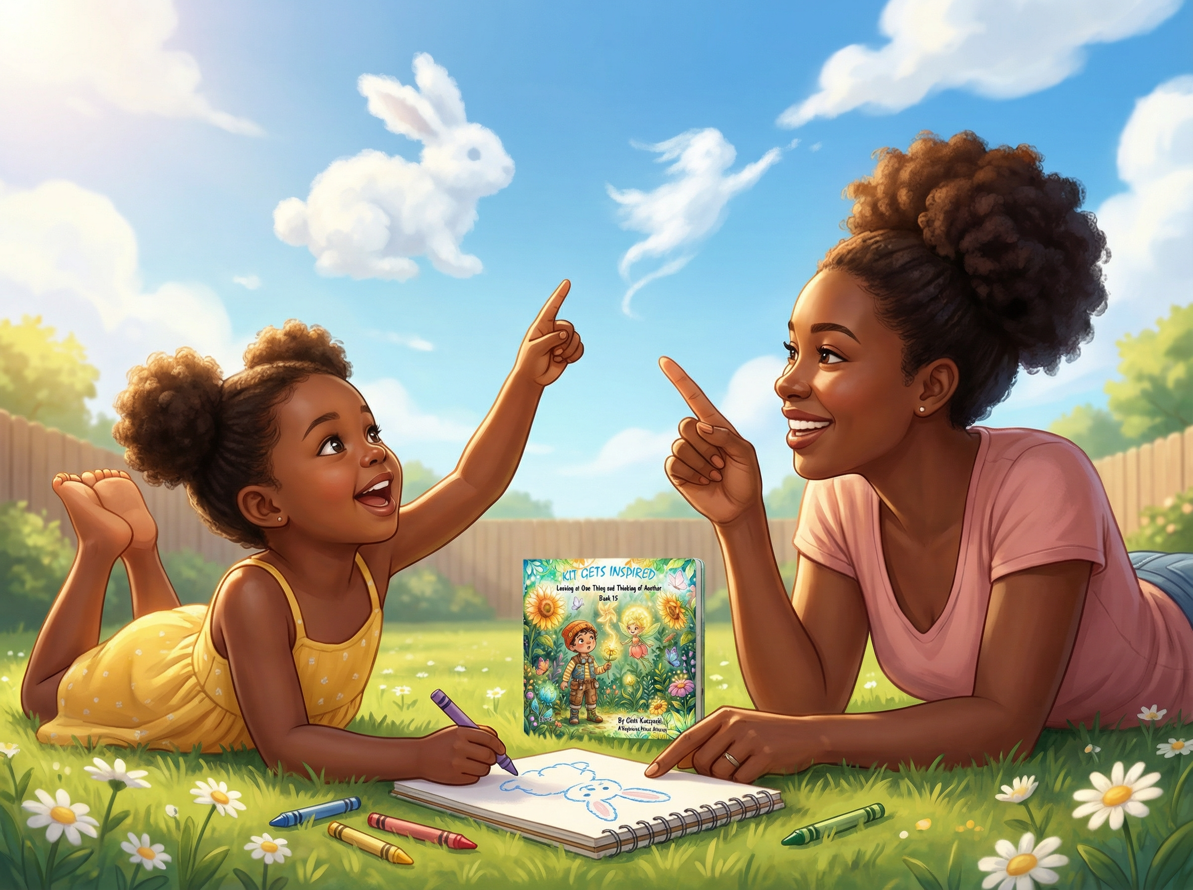 Mother and daughter lying on grass with a book and crayons, pointing at something in the sky. Kit Gets Inspired: Looking at One Thing and Thinking of Another (Book 15)