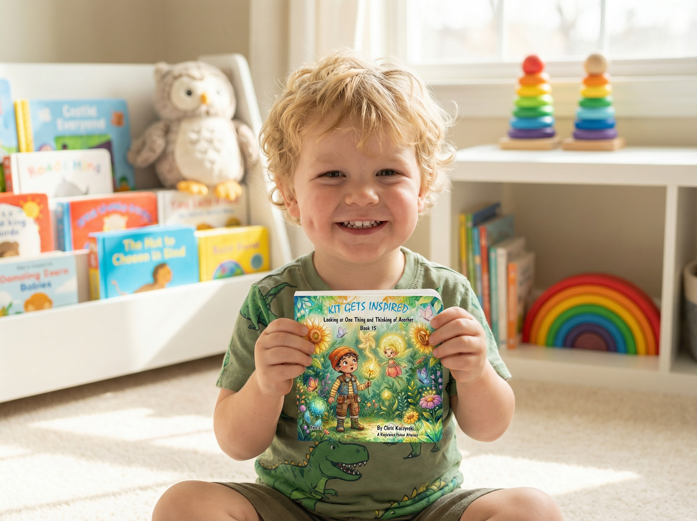 Child holding a book in a room with toys and books. Kit Gets Inspired: Looking at One Thing and Thinking of Another (Book 15)