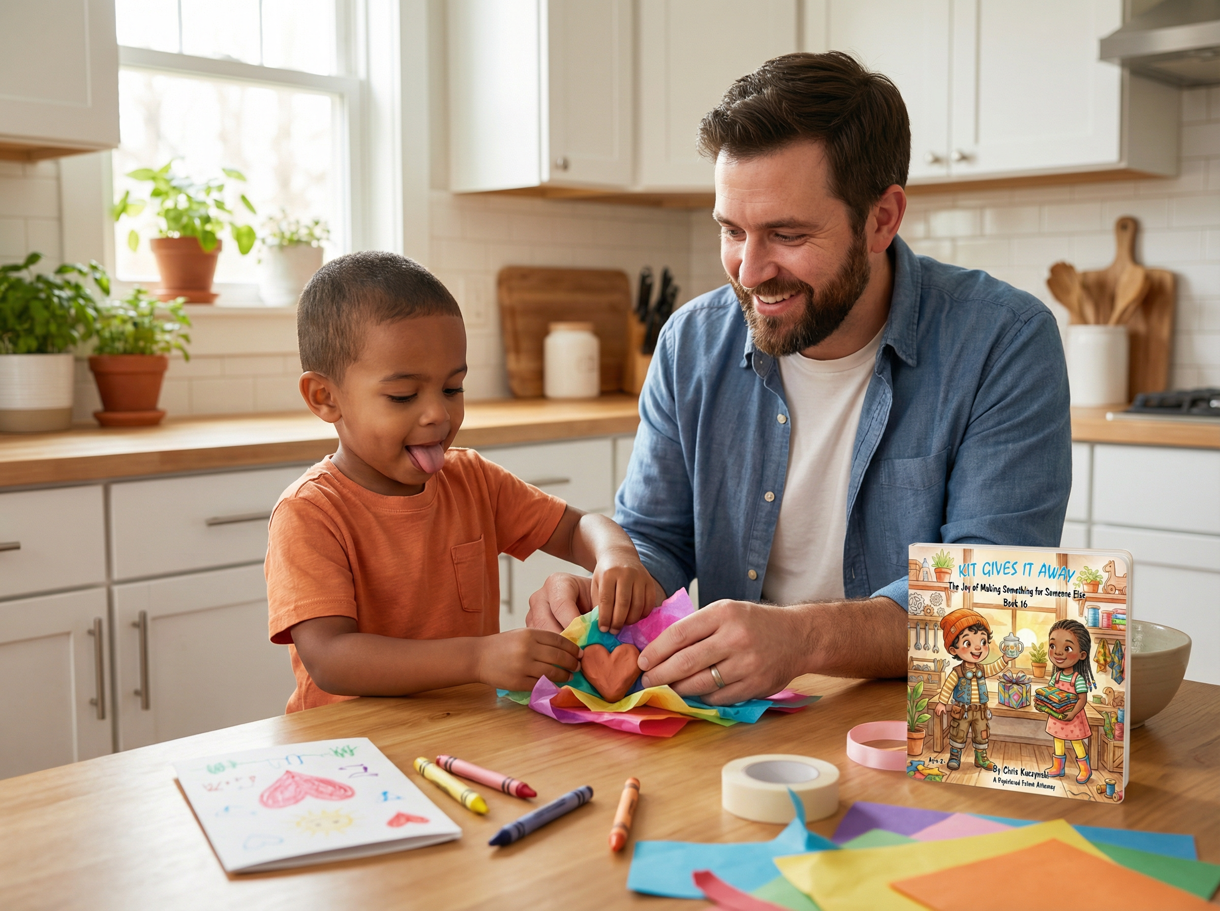 Man and child making crafts together on a kitchen counter with a book titled 'This Changes It' in the background. Kit Gives It Away: The Joy of Making Something for Someone Else (Book 16)