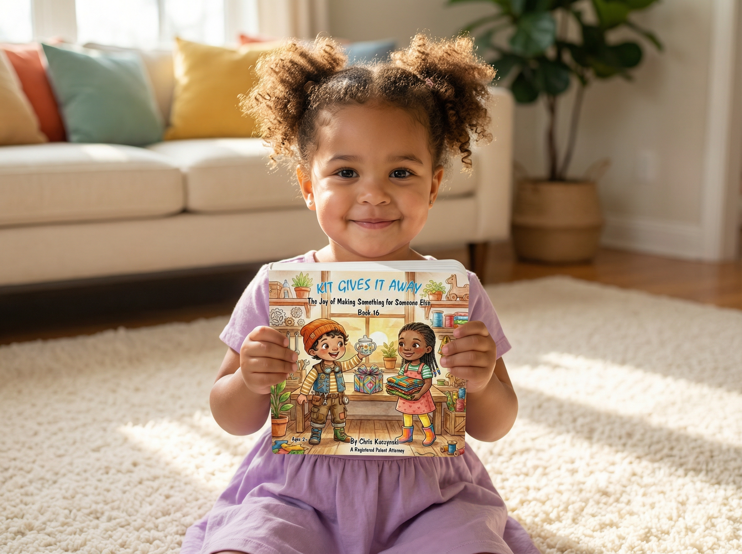 Child holding a book in a living room. Kit Gives It Away: The Joy of Making Something for Someone Else (Book 16)