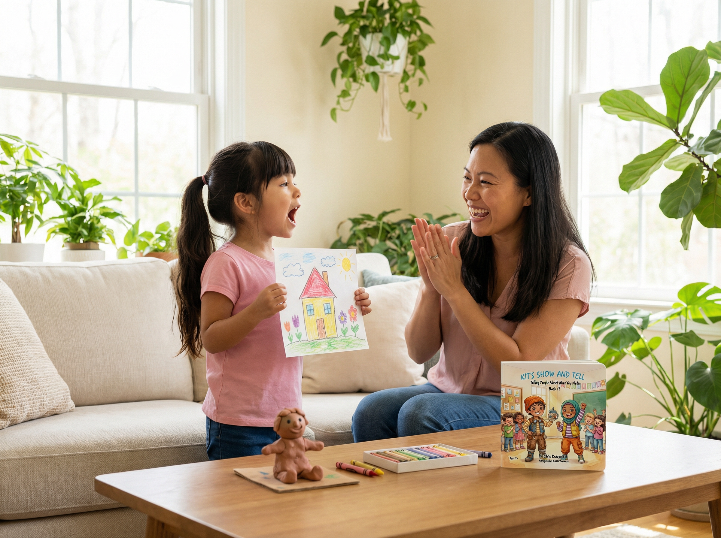 Woman and child in a living room with books and toys on a coffee table. Kit's Show And Tell: Telling People About What You Made