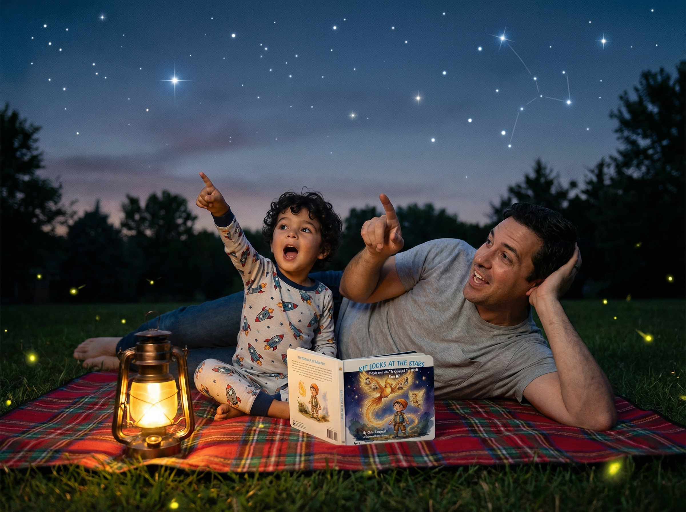 Man and child lying on a blanket under a starry sky, pointing at stars. Kit Looks At The Stars: People Just Like You Changed The World (Book 18)