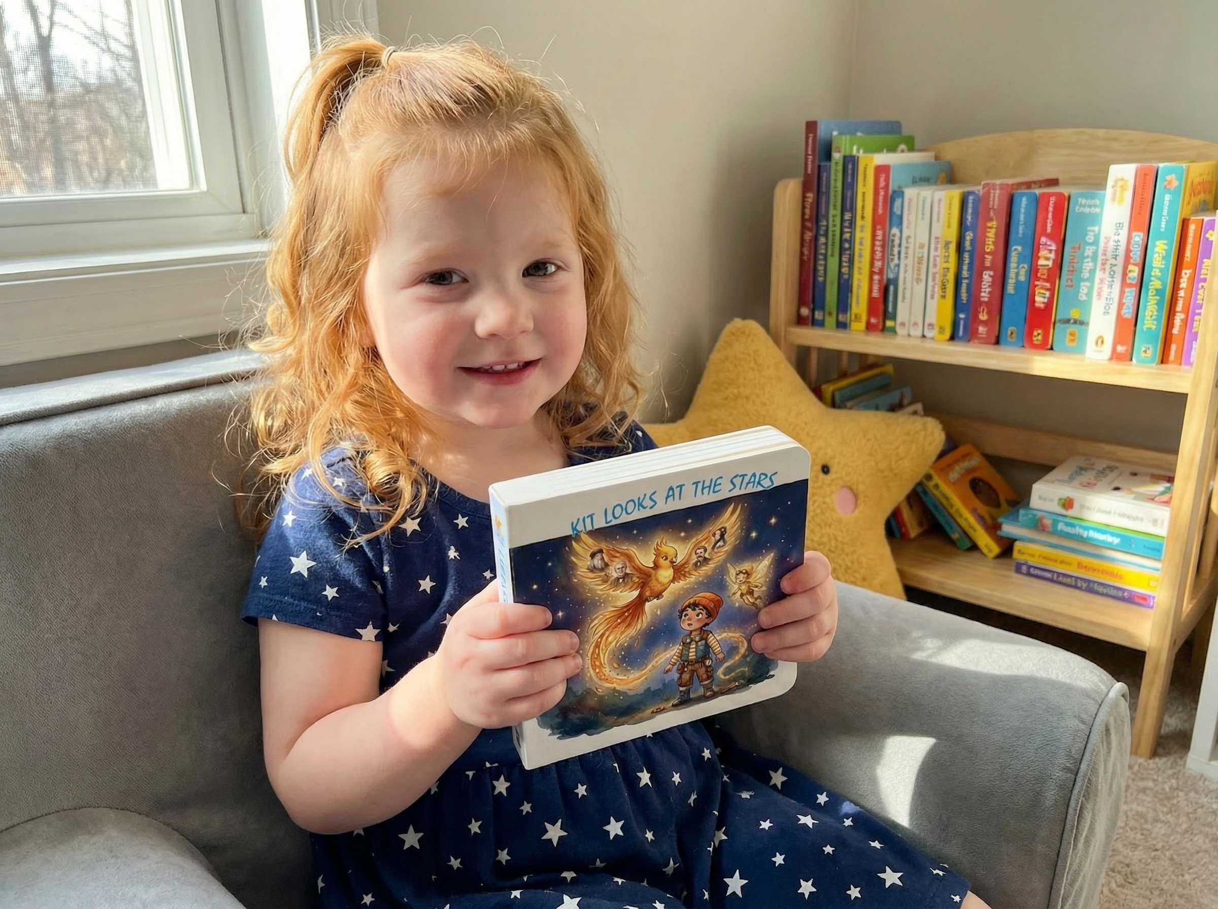Child holding a book with a bird illustration in a cozy room with a bookshelf. Kit Looks At The Stars: People Just Like You Changed The World (Book 18)