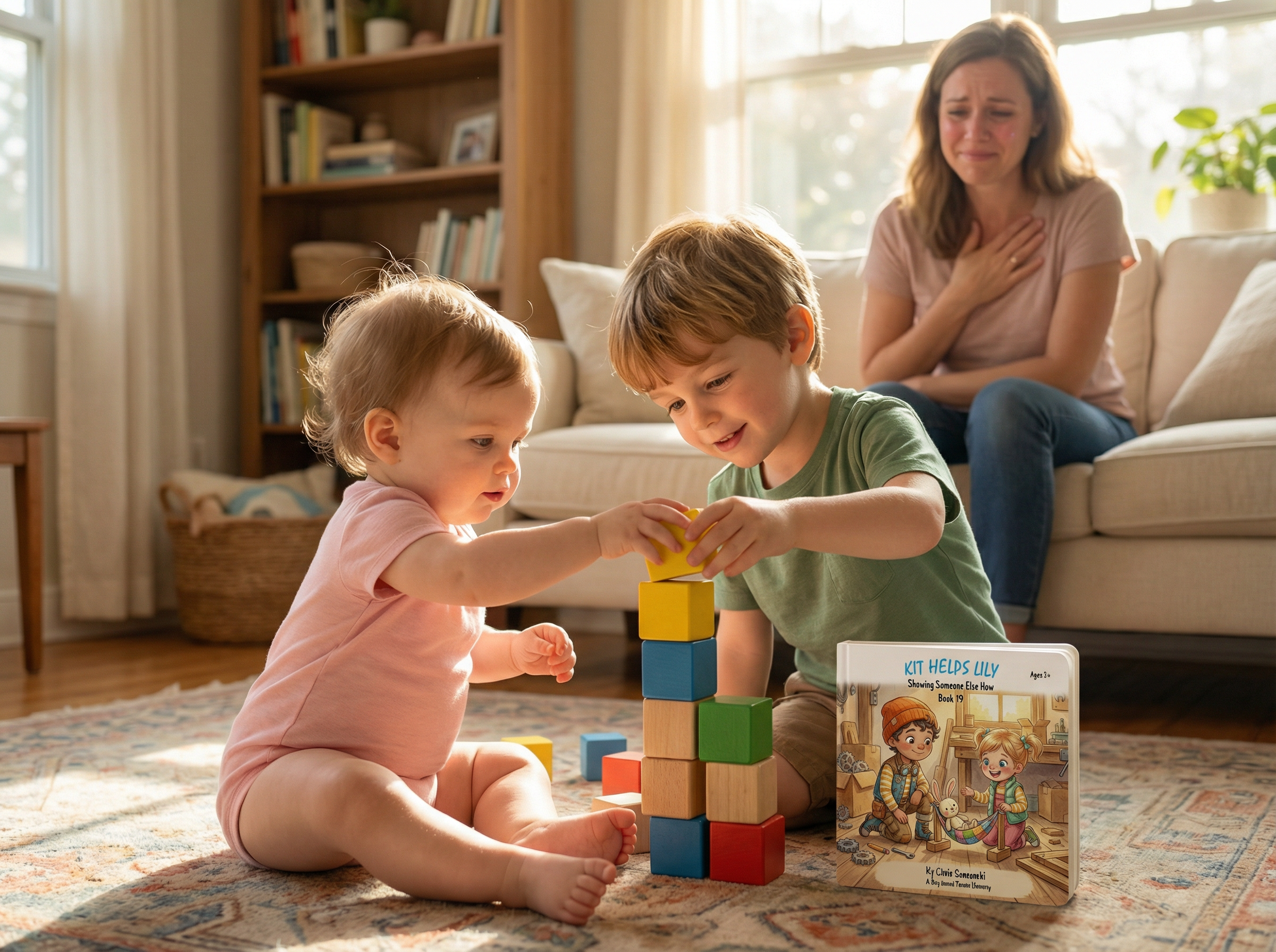 Two children playing with building blocks on a rug in a living room, with a woman sitting on a couch in the background. Kit Helps Lily: Showing Someone Else How (Book 19)