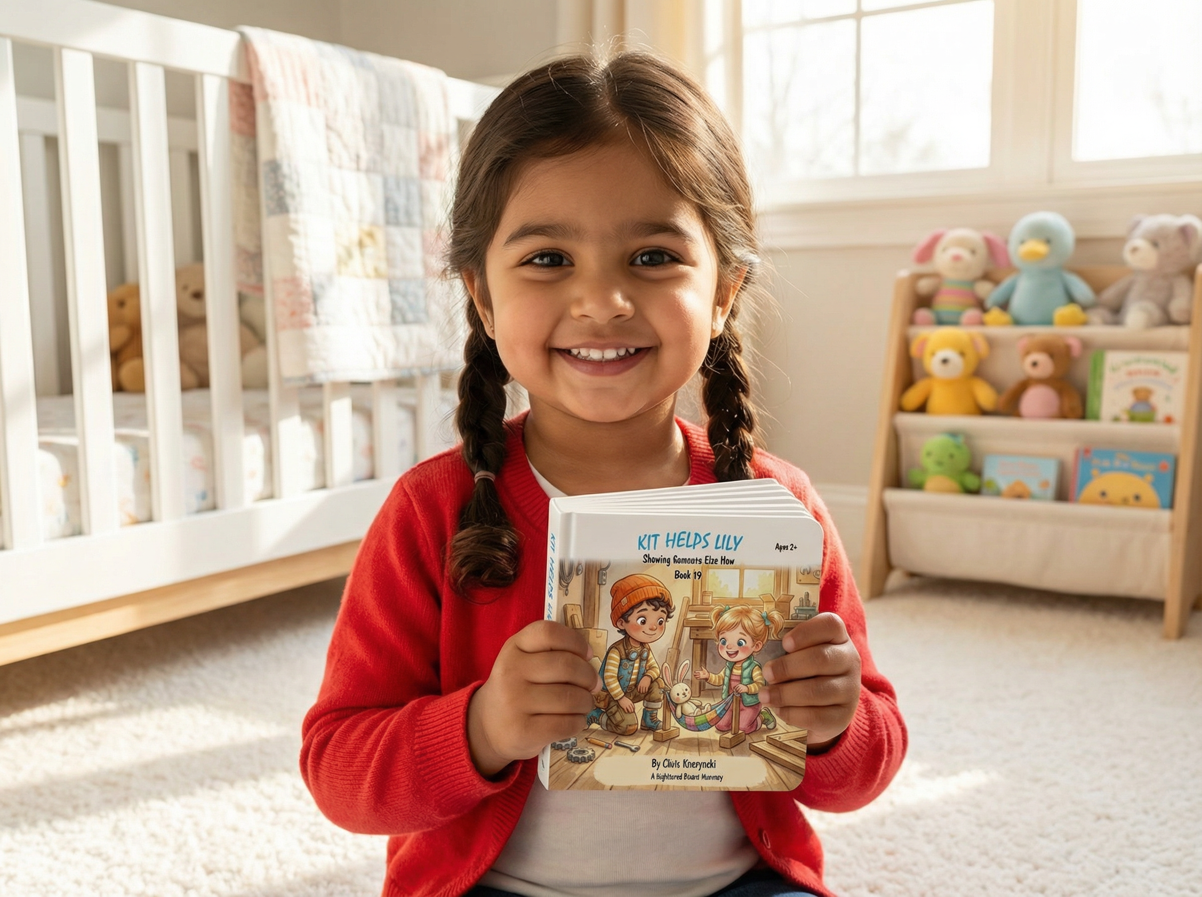 Young girl holding a book in a nursery room with toys and a crib in the background. Kit Helps Lily: Showing Someone Else How (Book 19)