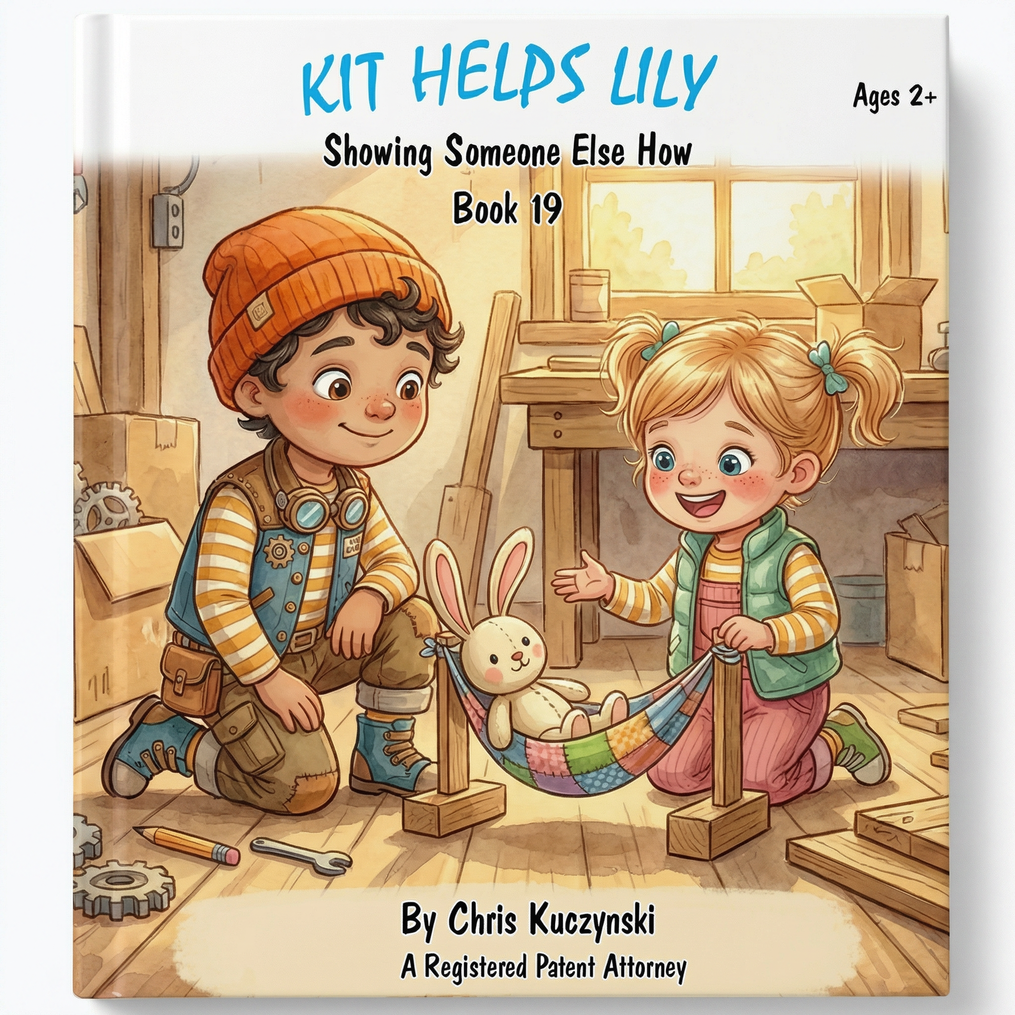 Book cover of 'Kit Helps Lily' showing two children and a rabbit in a workshop setting. Kit Helps Lily: Showing Someone Else How (Book 19)