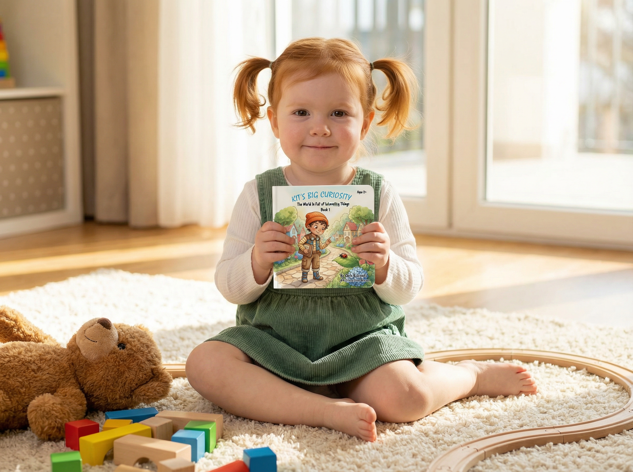 Child holding a book in a room with toys and a teddy bear. Kit's Big Curiosity: The World Is Full of Interesting Things (Book 1)